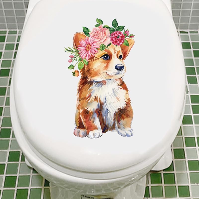 Dog Flower Wreath Toilet Lid Stickers - Waterproof Self-Adhesive Bathroom Decals for Pet Lovers | Perfect for Toilet Tank, Seat & Wall Decor in Dog-Themed Bathrooms