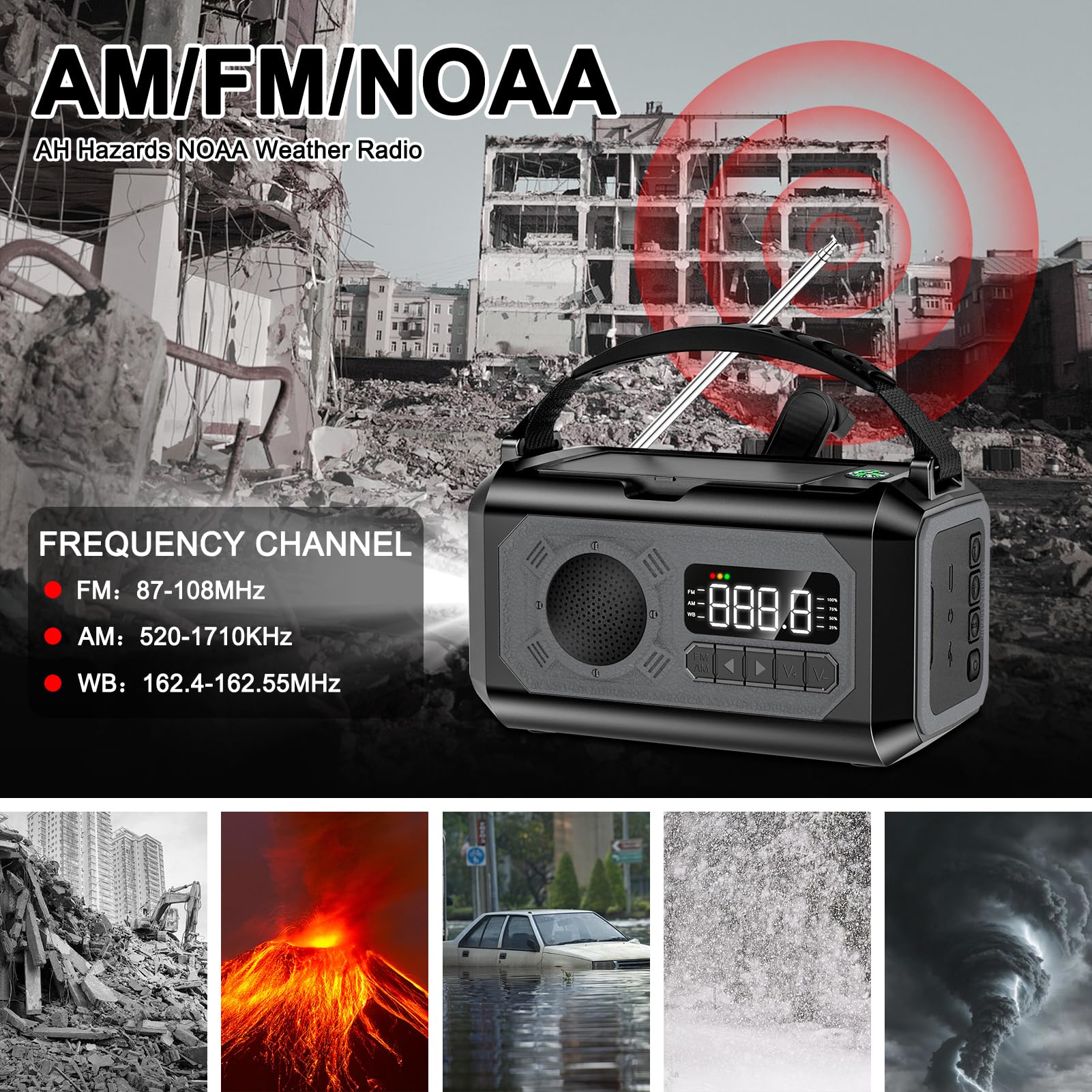 12000mAh Emergency Hand Crank Solar Radio - Portable AM/FM/NOAA Weather Alert Radio with Flashlight, Reading Lamp, SOS Alarm & Power Bank - Perfect for Home, Camping, Hiking & Outdoor Survival (Gray)