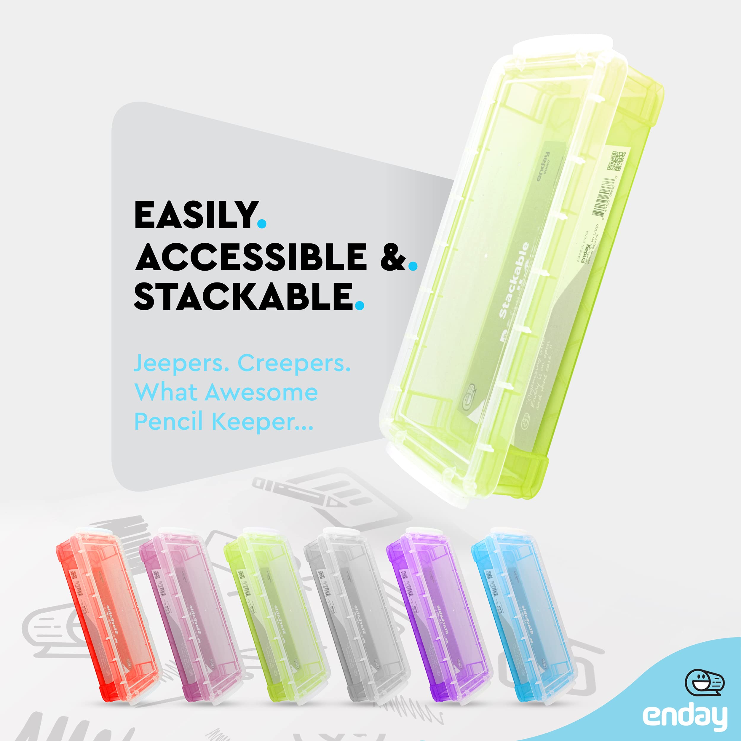 Enday Stackable Plastic Pencil Case - Large Capacity School & Office Supplies Organizer (Green, Blue, Grey, Pink, Red, Purple) - 80 Pack - Perfect for Students, Teachers & Professionals to Store Pens, Markers & Art Supplies