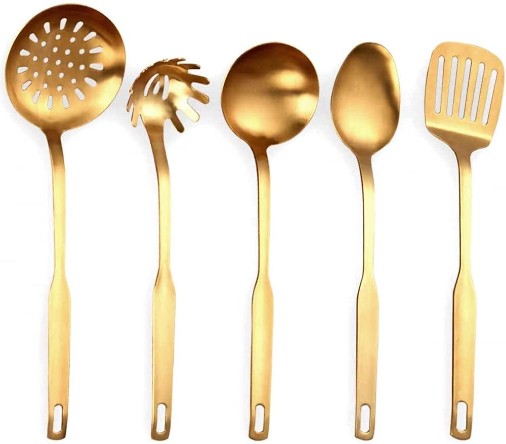 Premium 5-Piece Stainless Steel Kitchen Utensil Set with Holder - Soup Ladle, Skimmer, Spatula & Cooking Trowels - Durable Gold-Colored Cooking Tools for Baking, Frying & Food Prep