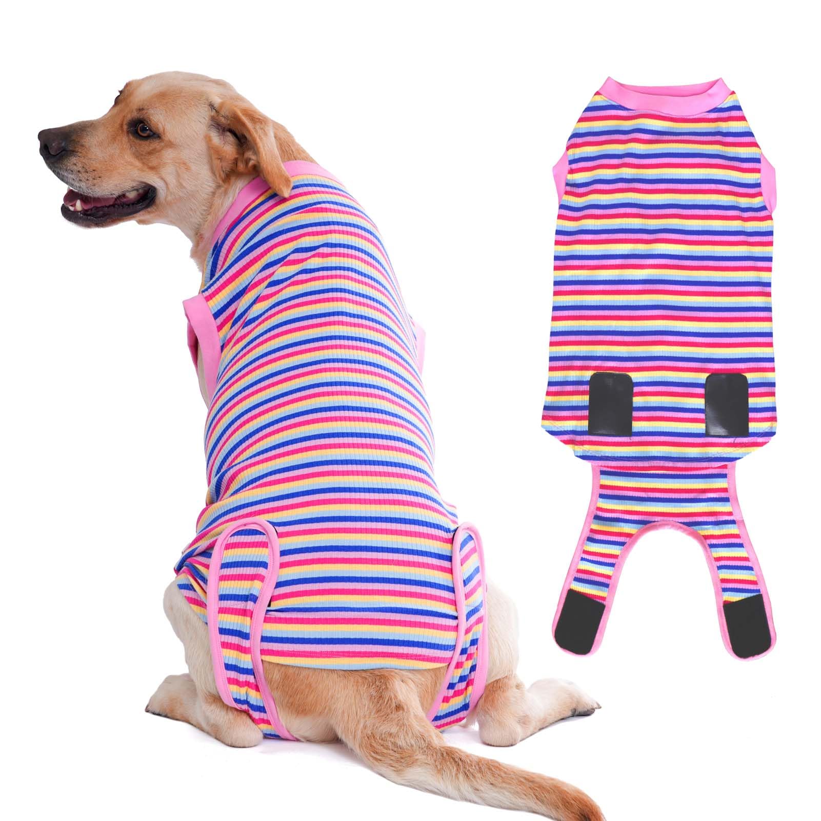 Post-Surgery Dog Recovery Suit - Soft Cone Alternative for Small, Medium & Large Dogs & Cats - Spay Neuter Bodysuit Pajamas for Male & Female Pets (Rainbow Stripe, XL) - Perfect for Post-Op Care, Wound Protection & Comfort After Veterinary Procedures