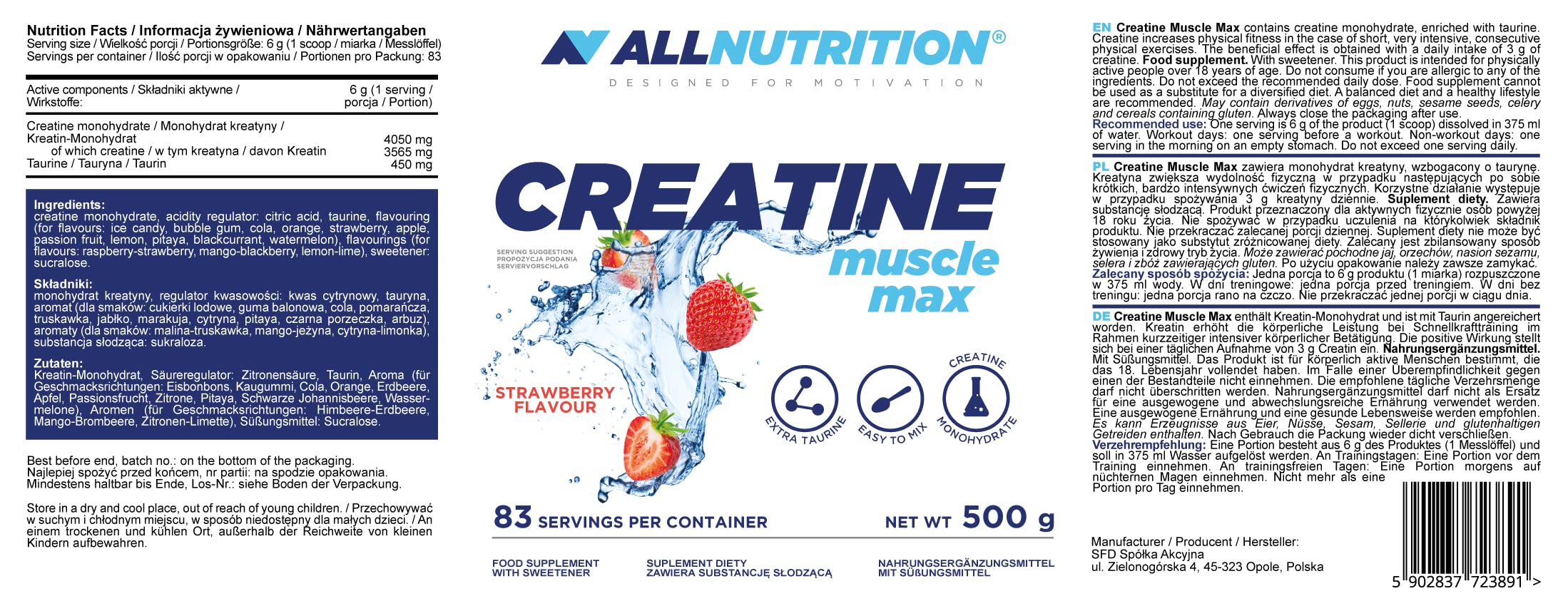 ALLNUTRITION Creatine Monohydrate Powder 500g - Muscle Building & Performance Supplement with Taurine - Sugar Free, Strawberry Flavor for Athletes & Gym Enthusiasts - Pre/Post Workout Recovery & Strength Training Support