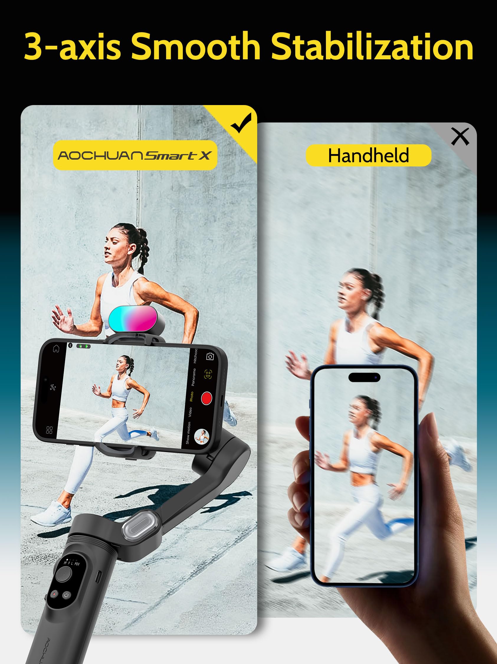 Smart X Kit Black - 3-Axis Handheld Gimbal Stabilizer for iPhone 15/14 & Android Phones with RGB Light & AI Tracking | Perfect for Smooth Video Recording, Vlogging, TikTok & YouTube Content Creation