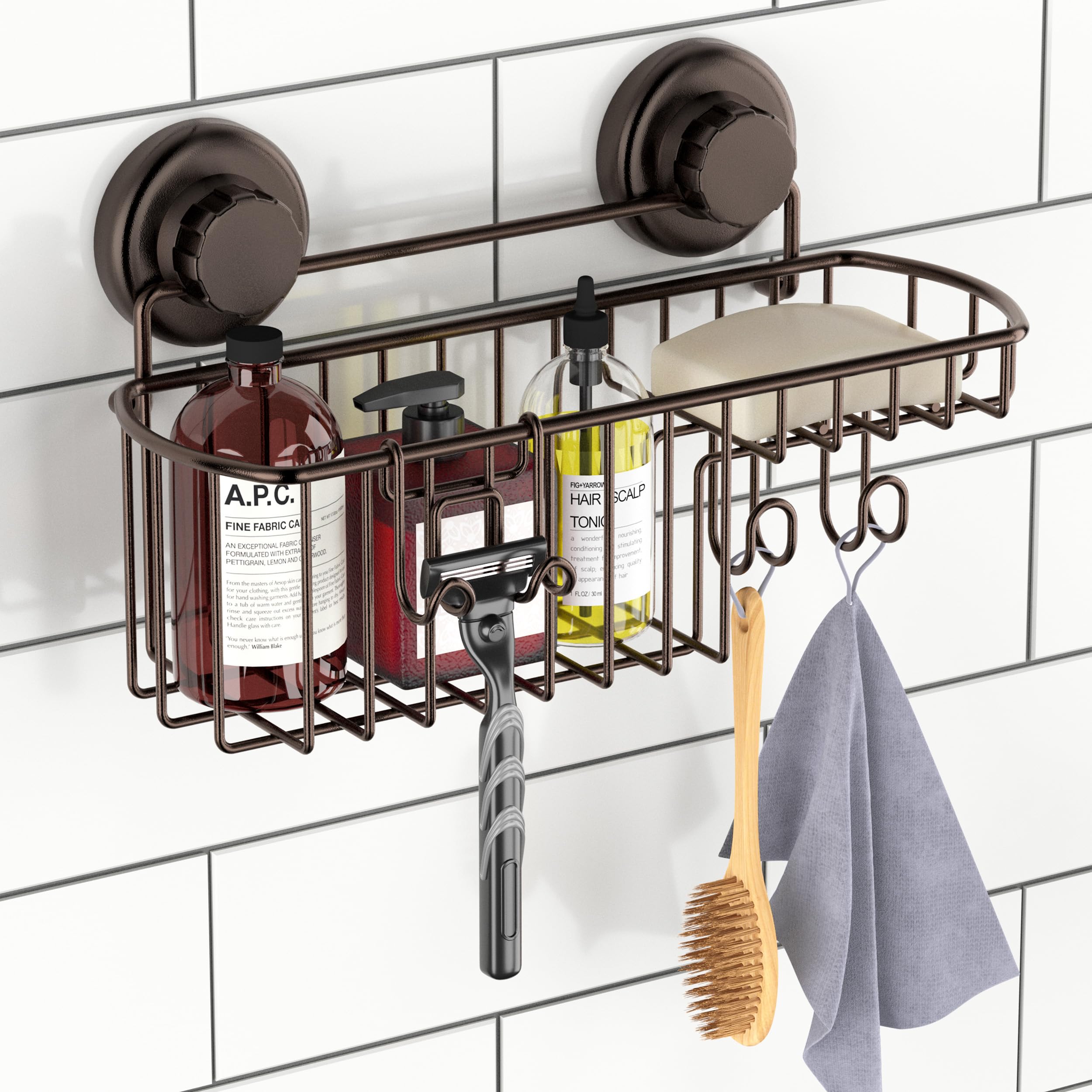 Stainless Steel Shower Caddy Organizer with Powerful Vacuum Suction Cups, Soap Holder & Hooks - Bronze Bathroom Storage Basket for Shampoo & Essentials - Perfect for Small Bathrooms & Apartment Showers
