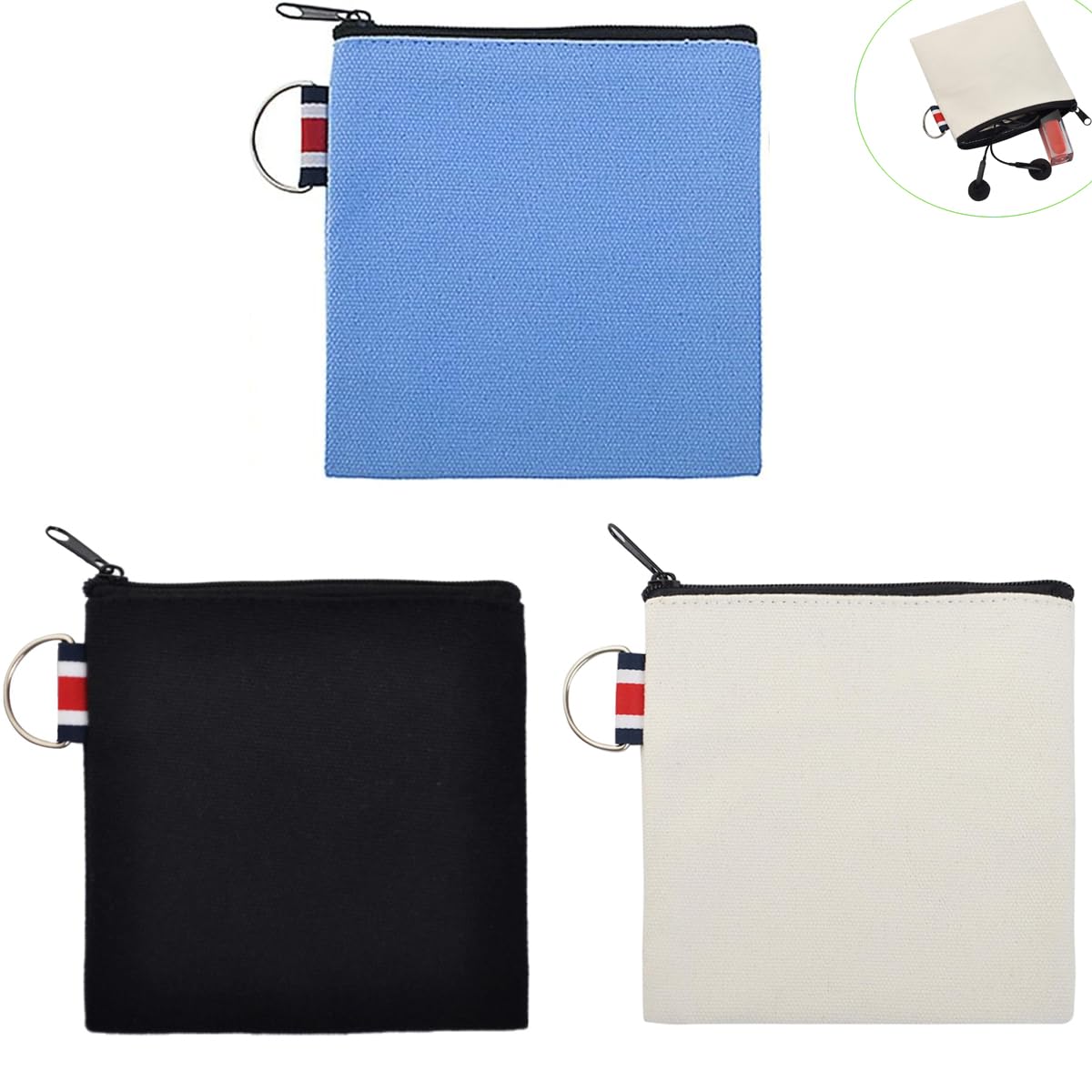 3 Pack Small Canvas Zipper Pouch with Hanging Ring - Square Travel Storage Organizer Case for Makeup, Cosmetics, Lipstick, Earphones, Charger Cables & Coins - Perfect for Travel, Toiletries, Daily Essentials and Office Organization