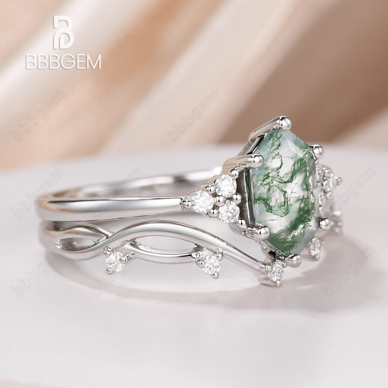Vintage Moss Agate Hexagon Cut Branch Leaf Vine Art Deco Promise Ring Set for Women - Nature Inspired Jewelry for Engagement, Wedding, Anniversary & Everyday Boho Fashion