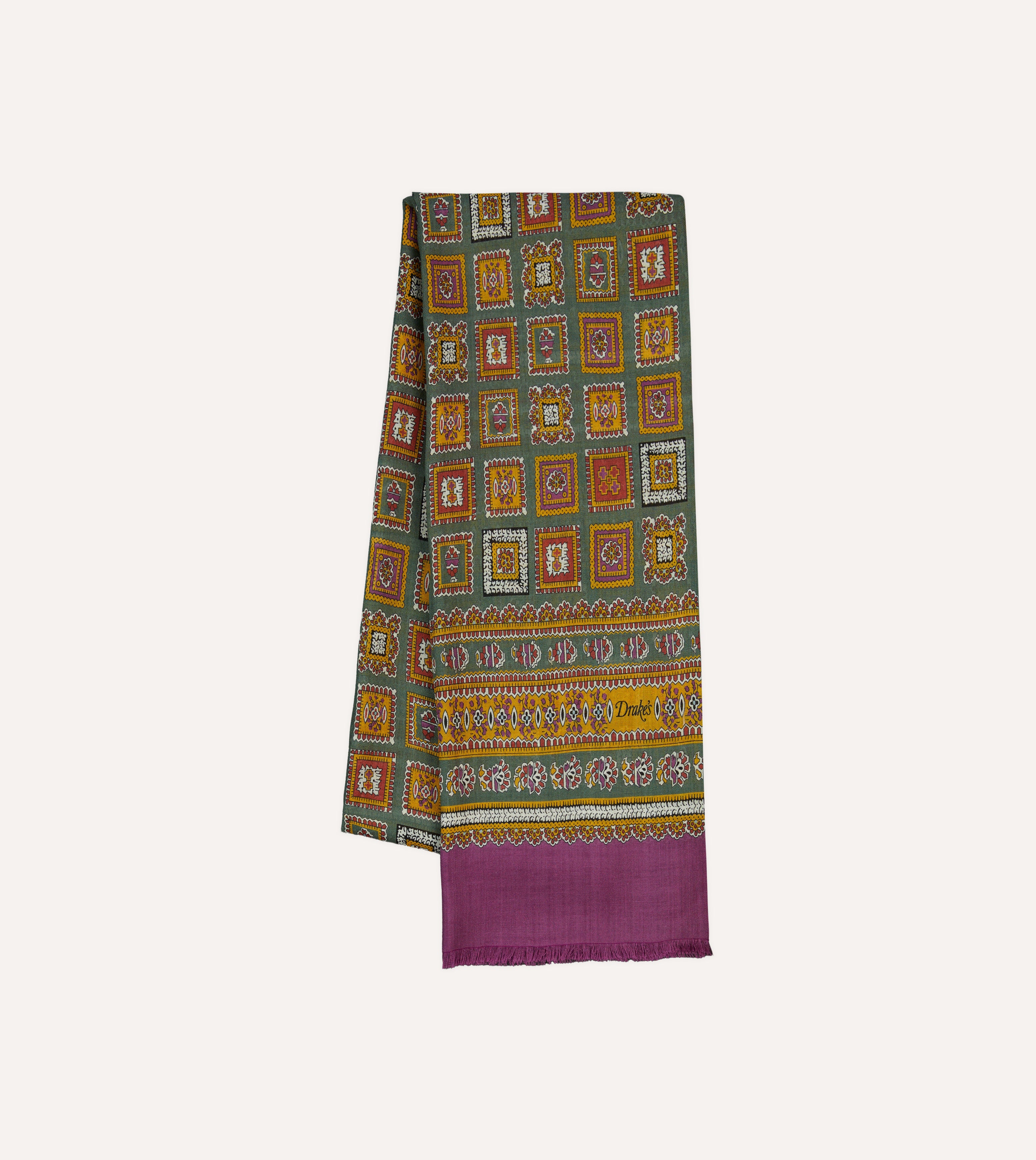Elegant Purple and Green Medallion Print Wool Silk Scarf - Soft Luxury Wrap for Women, Perfect for Office, Evening Events & Winter Fashion Accessories