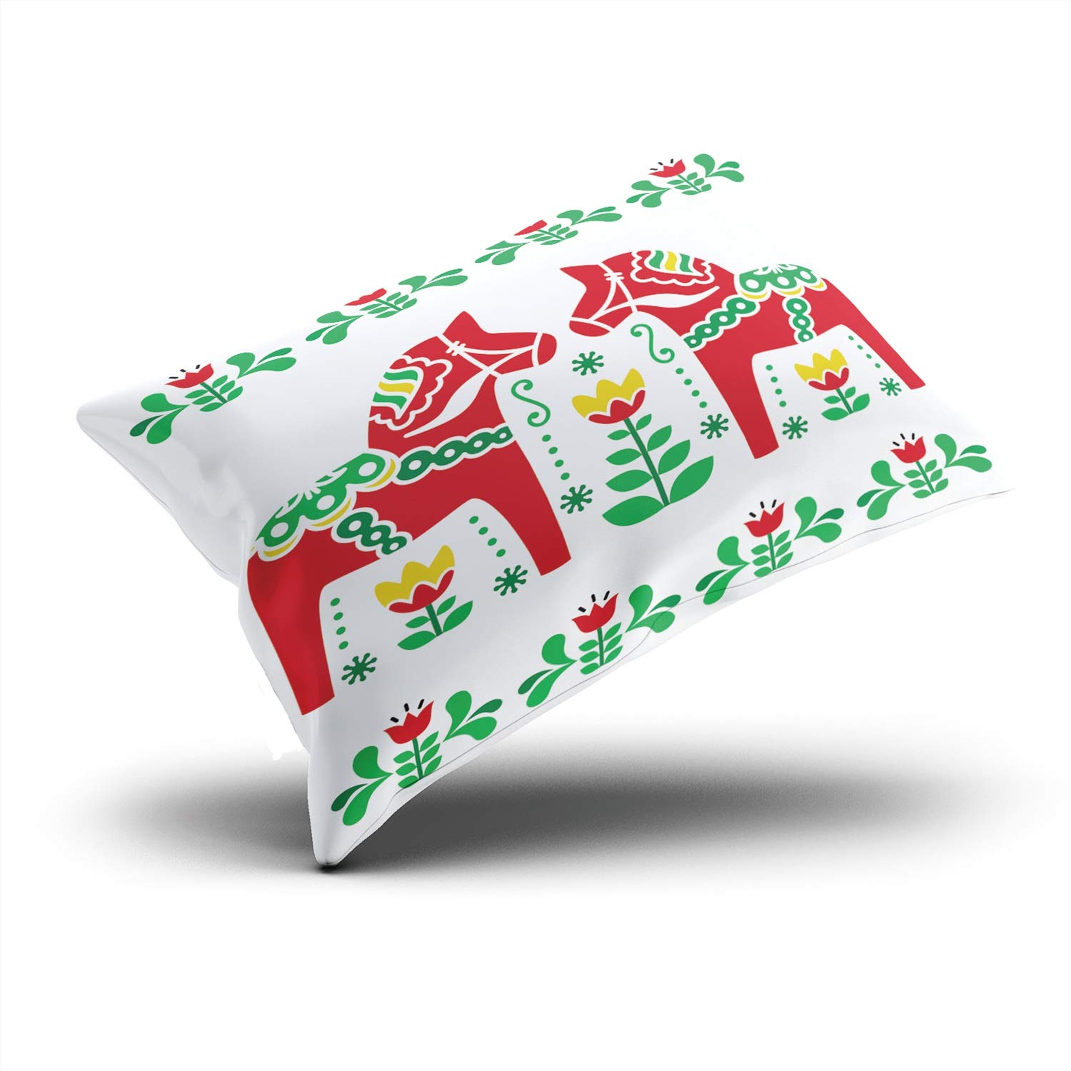Swedish Dala Horse Folk Throw Pillow Cover - Hidden Zipper Decorative Custom Pillow Case (20x26 Inches) - Perfect for Sofa, Bedroom & Living Room Decor