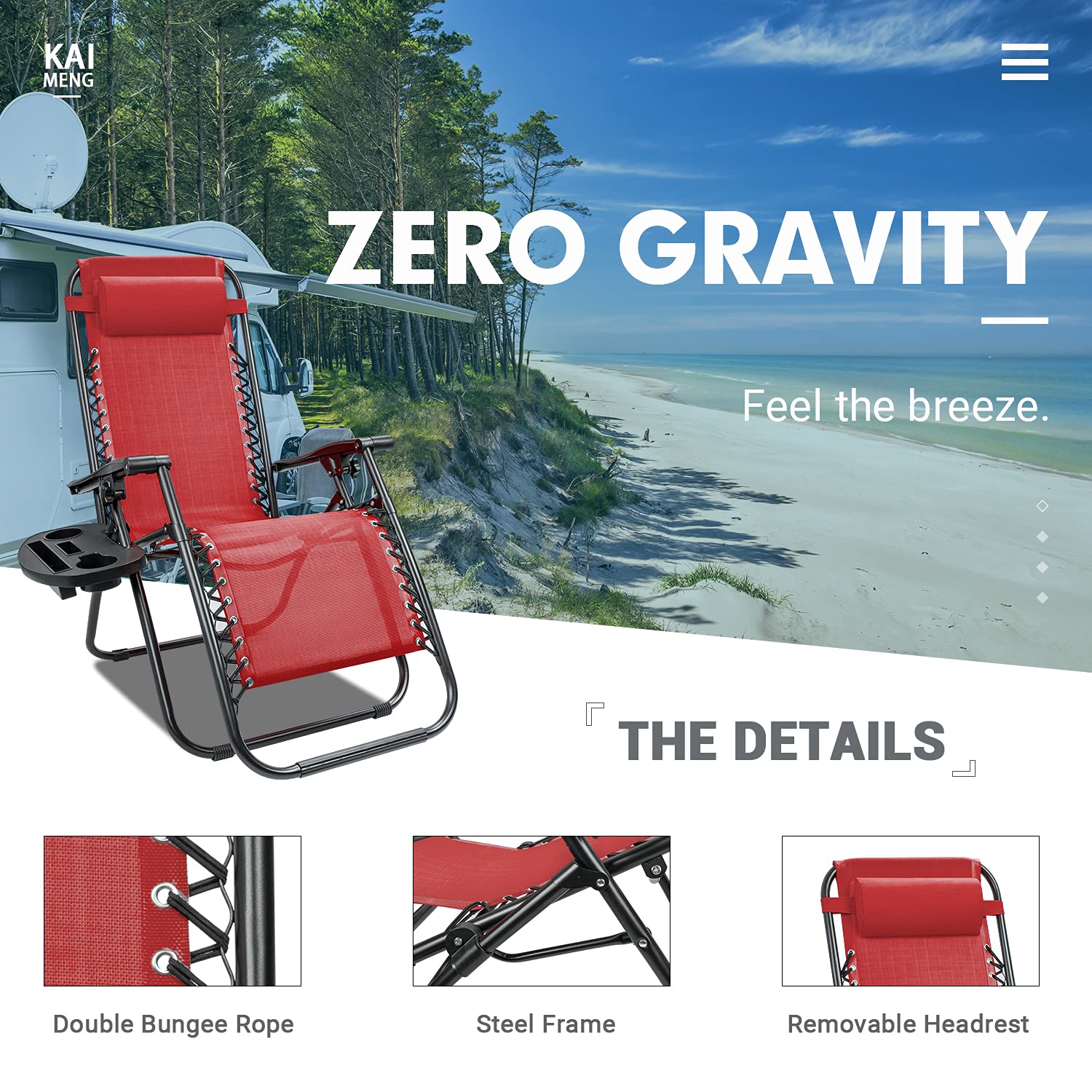 Kemon Zero Gravity Folding Lounge Chair - Adjustable Reclining Outdoor Patio Chair with Pillows & Cup Holders - Set of 2 Red Chairs - Perfect for Beach, Poolside, Backyard & Camping Relaxation