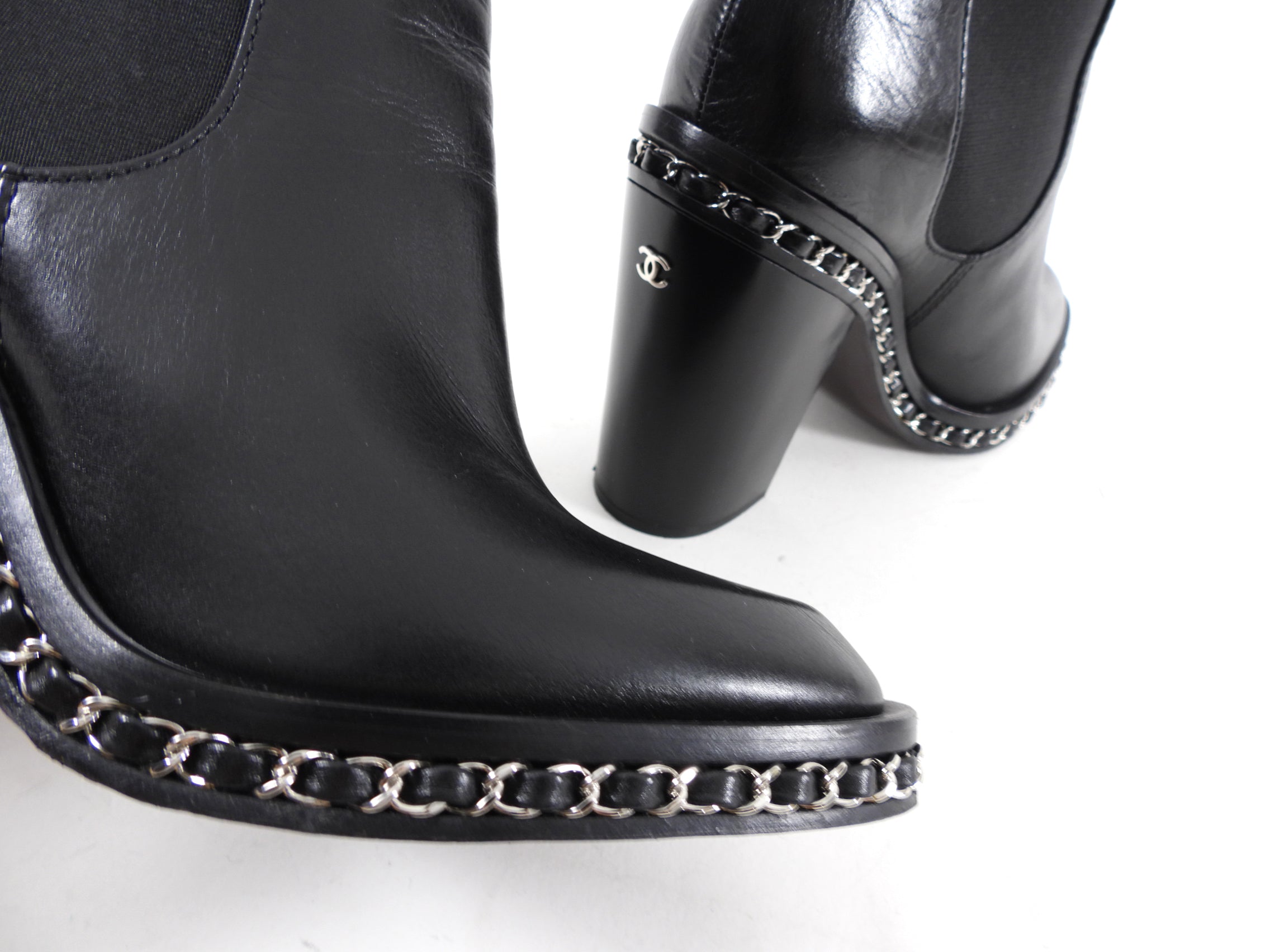 Chanel Fall 2013 Black Leather Chain Detail Ankle Boots Size 39.5 - Luxury Fashion Statement for Evening Events & Night Out