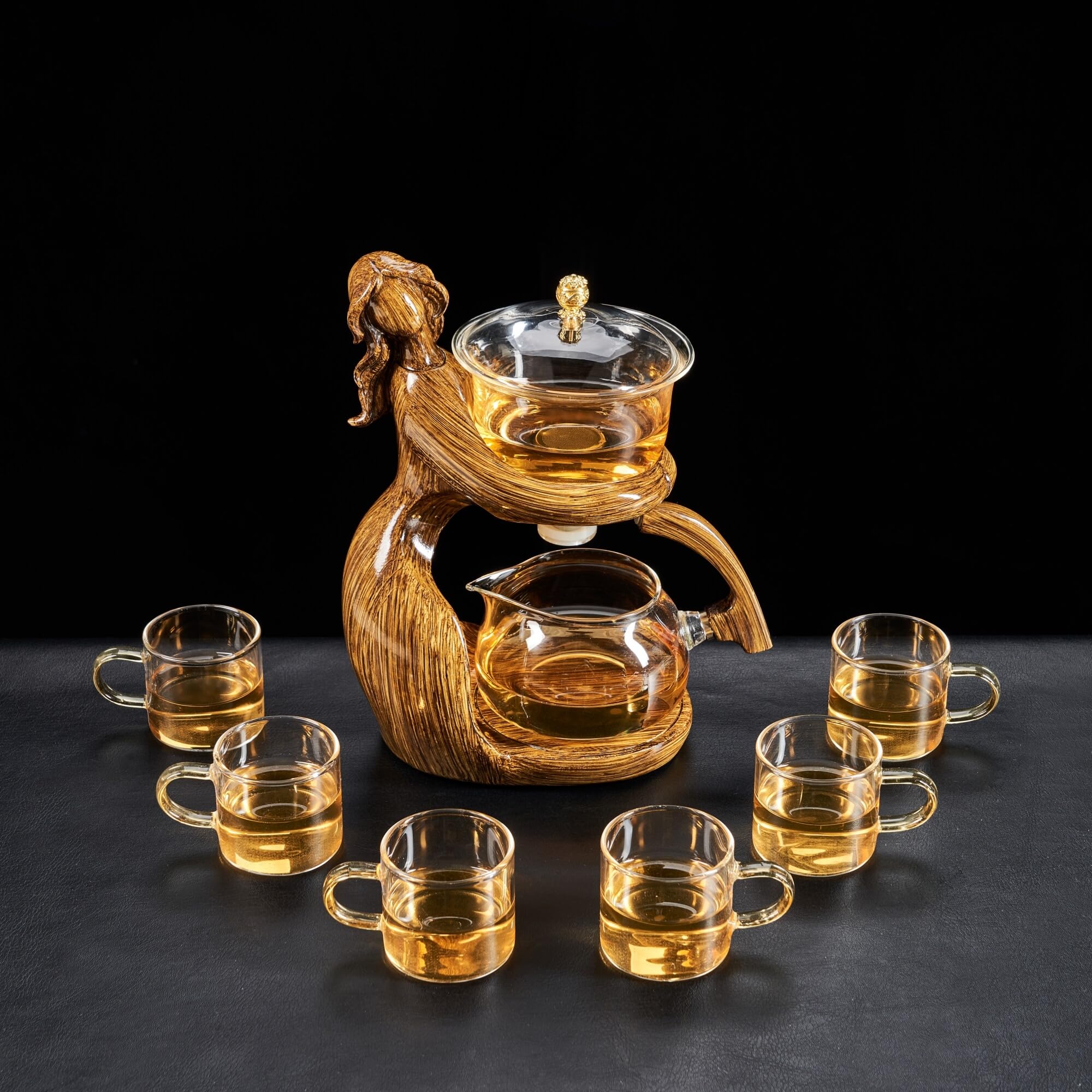 Premium Semi-Automatic Glass Kung Fu Tea Set with Infuser & 6 Small Cups - Traditional Chinese Brown Teapot for Home, Office & Tea Ceremony Use