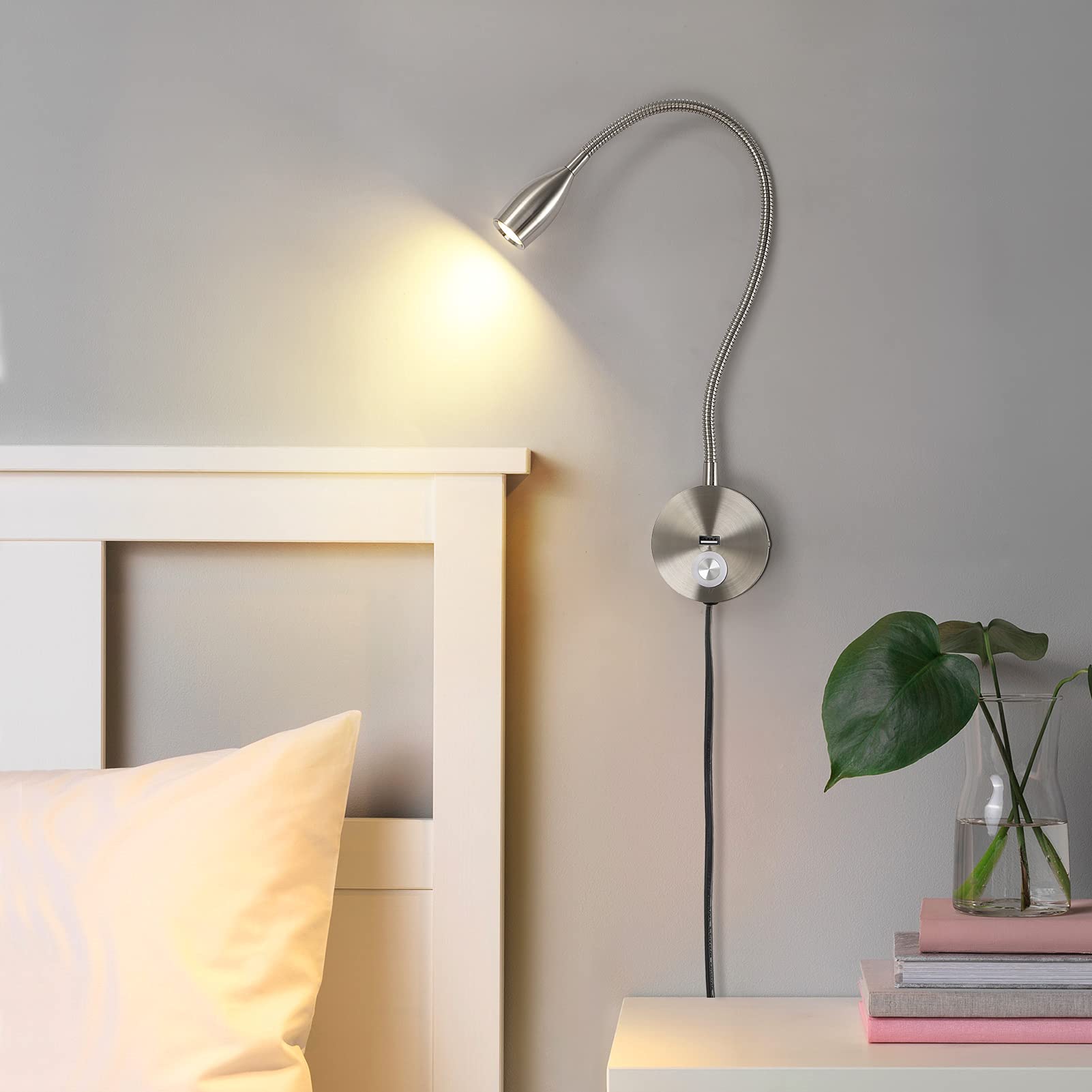 Wall Mounted Dimmable LED Reading Light with Touch Switch - Adjustable Gooseneck Task Lamp for Bed Headboard (3W, 120V AC, Brushed Nickel, Warm White) - Perfect for Night Reading, Studying, and Bedside Lighting