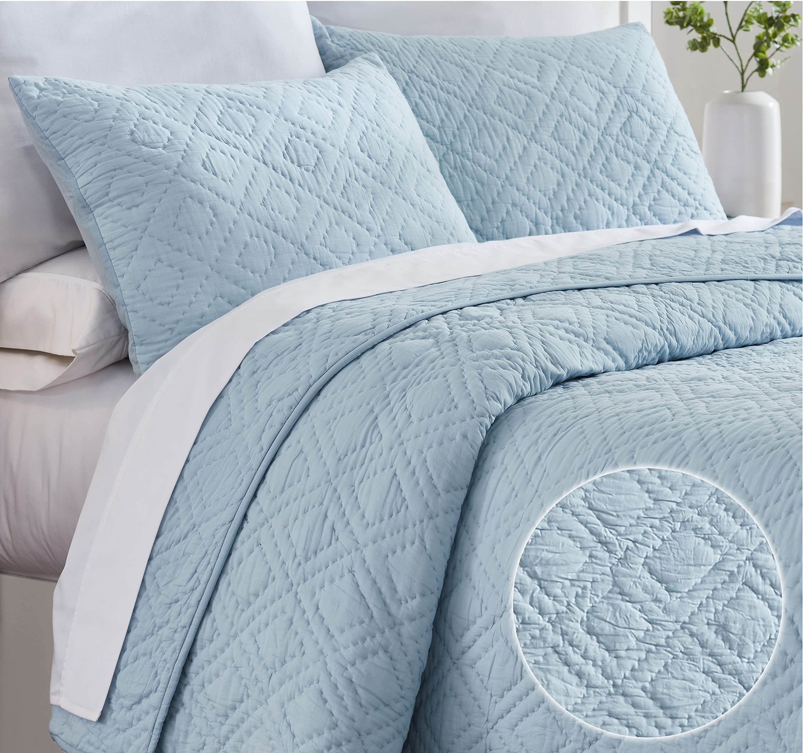 California Design Den Soft 100% Cotton Hand-Quilted Queen Quilt Set - 3 Piece Blue Diamond Pattern Bedding with Shams | Pre-Softened Pure Cotton Fabric & Fill | Perfect for Master Bedroom, Guest Room & Cozy Home Decor