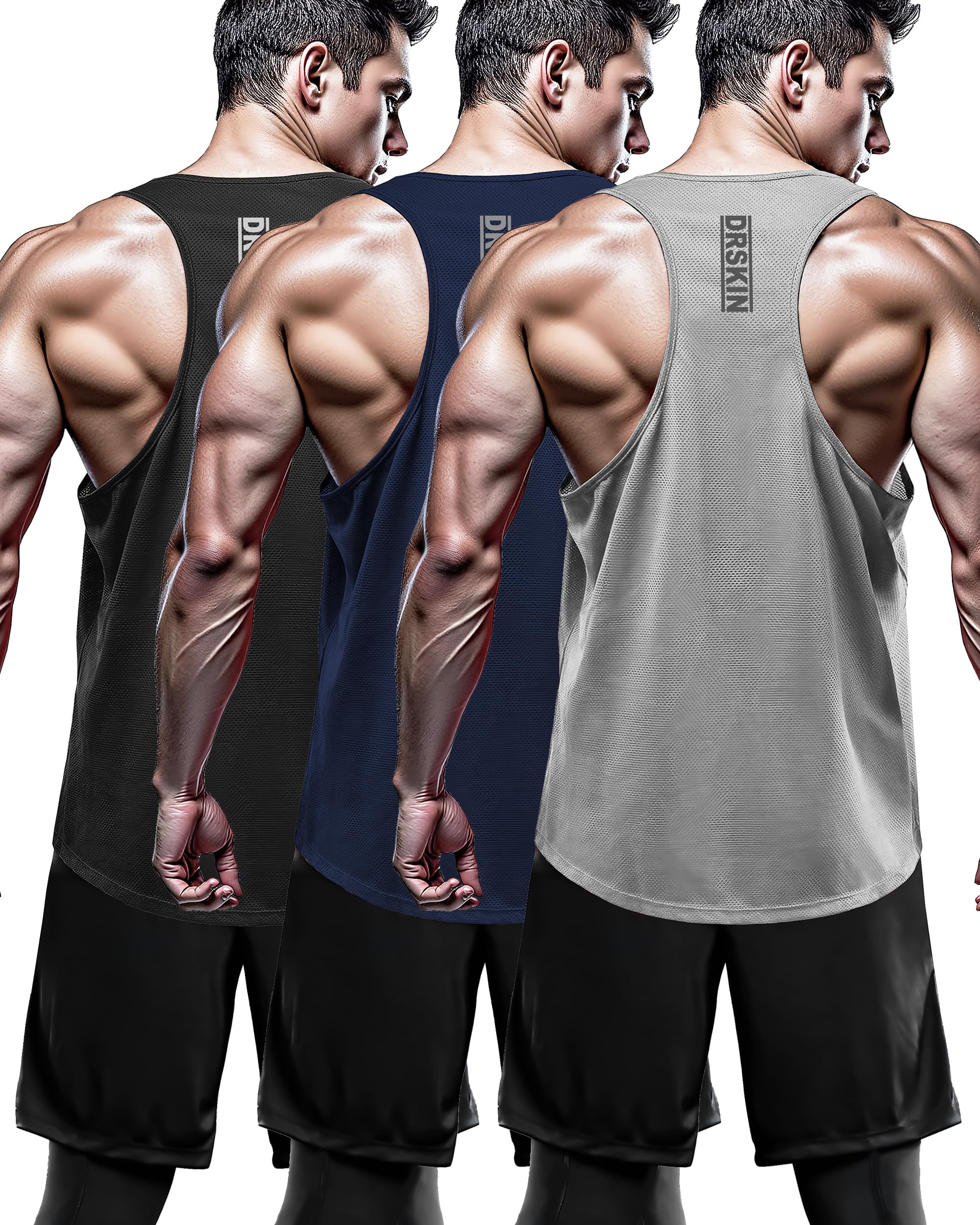 DRSKIN Men's 1/3/4 Pack Sleeveless Y-Back Tank Tops - Breathable Mesh Gym Shirts for Workout & Athletic Training - Moisture Wicking Dry Fit Activewear for Gym, Running & Summer Outdoor Sports