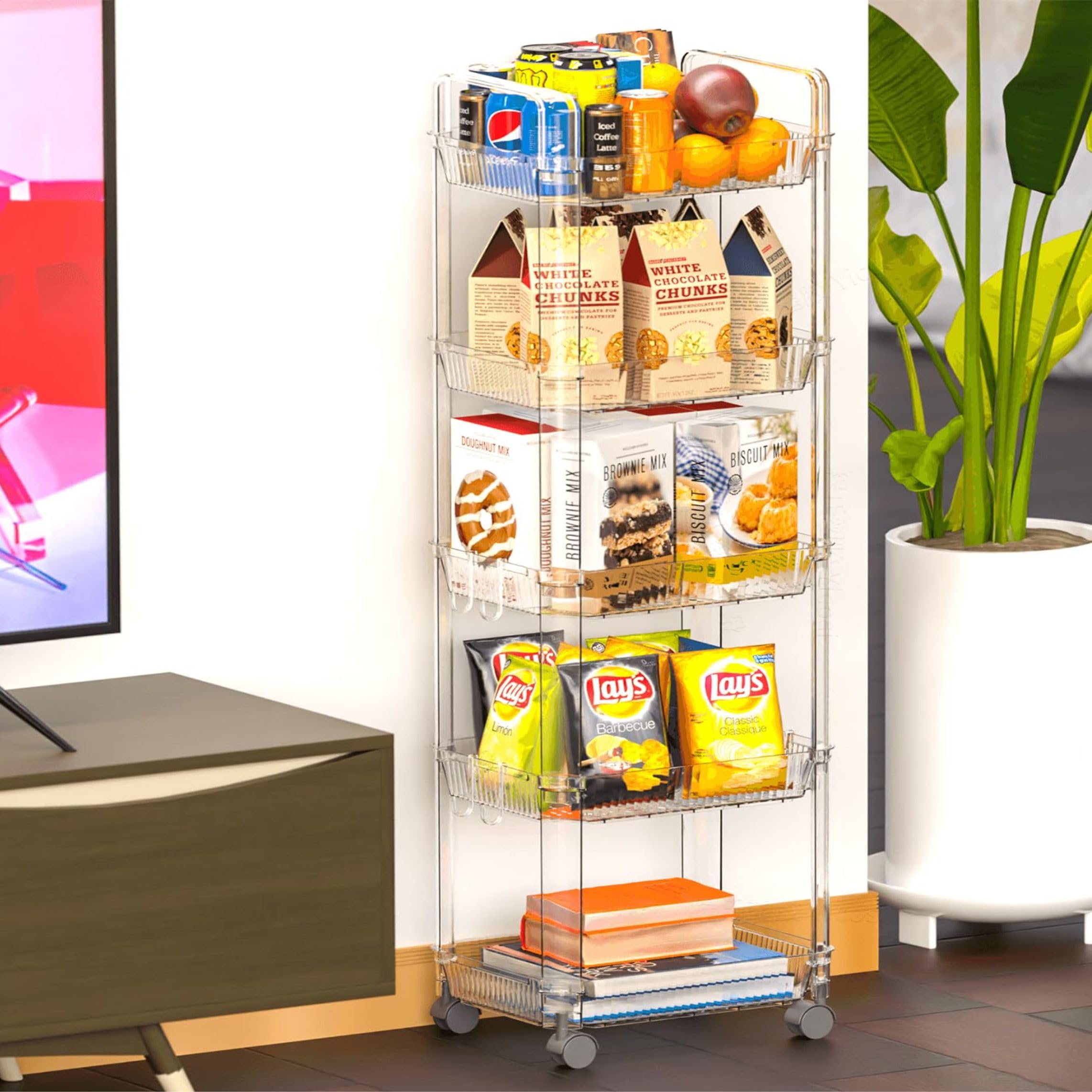 5-Tier Rolling Cart with Wheels - Clear Acrylic Utility Storage Cart for Dorm Room, Bathroom, Kitchen, Art Supplies & Diaper Organization | Mobile Storage Solution for Small Spaces & Home Organization