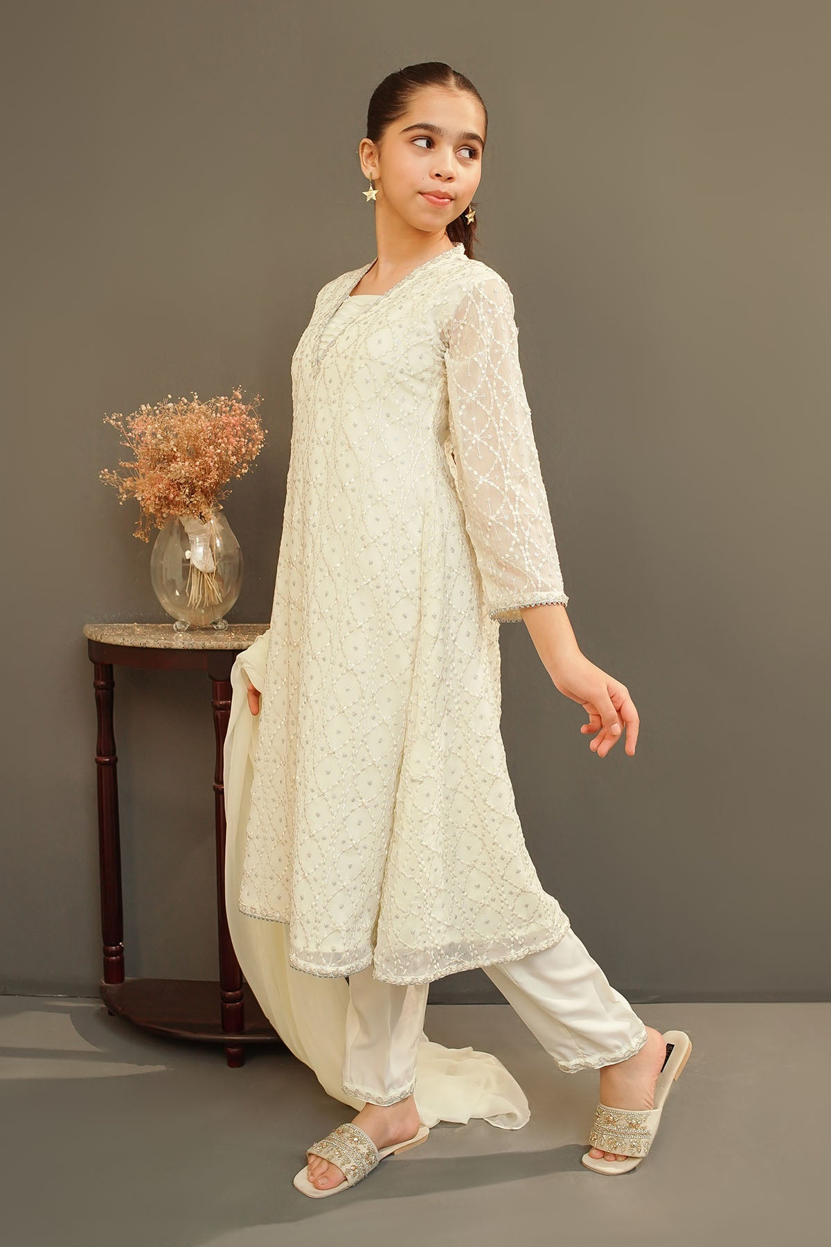 Elegant Chiffon Embroidered Off-White Stitched Suit in Ochre | Women's Formal Wear for Weddings & Special Occasions