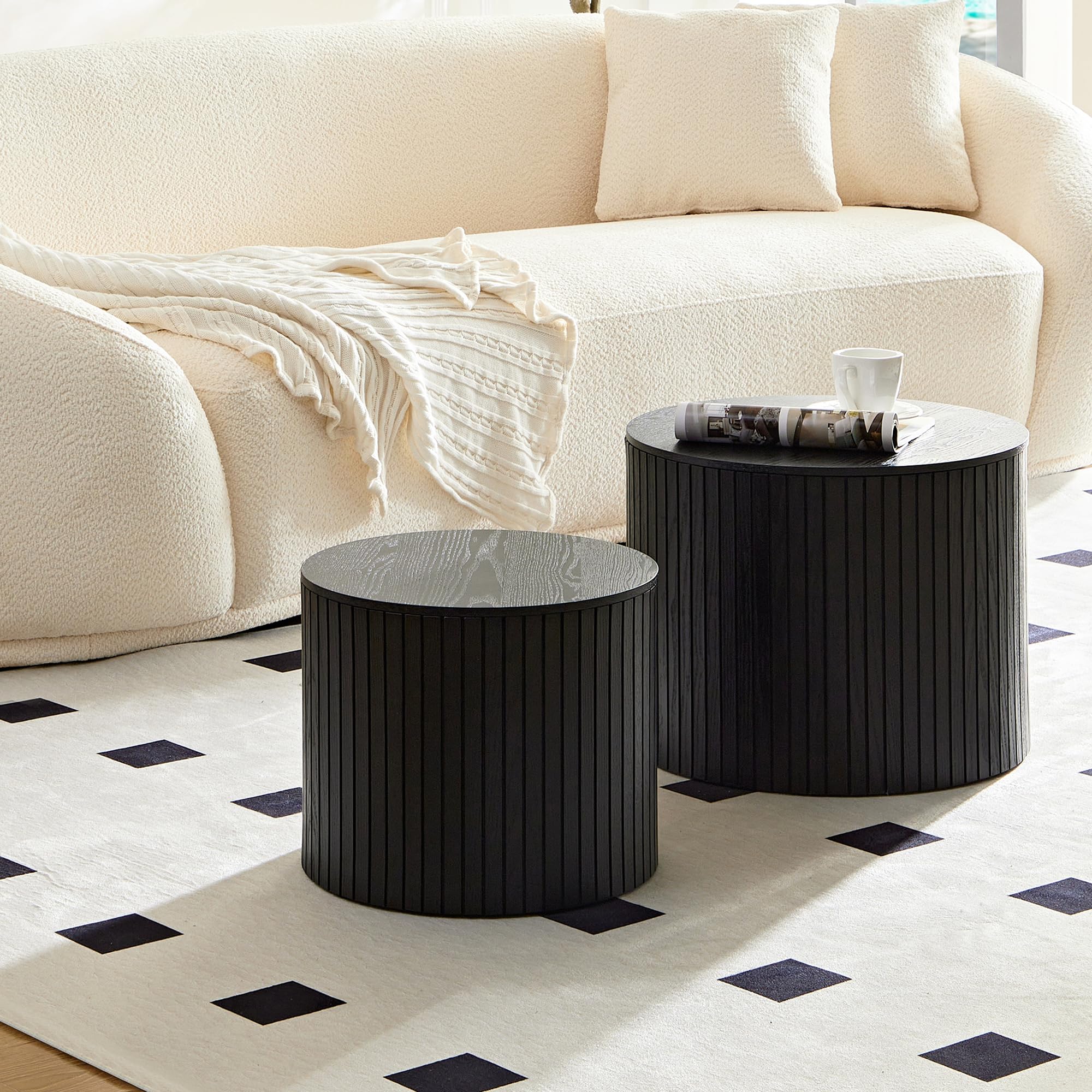 2-Piece Round Nesting Coffee Tables with Storage - Modern Wood Ottoman Side Tables for Living Room, Bedroom & Small Spaces - Easy No-Assembly Home Decor in Black - Perfect for Compact Apartments & Cozy Reading Nooks