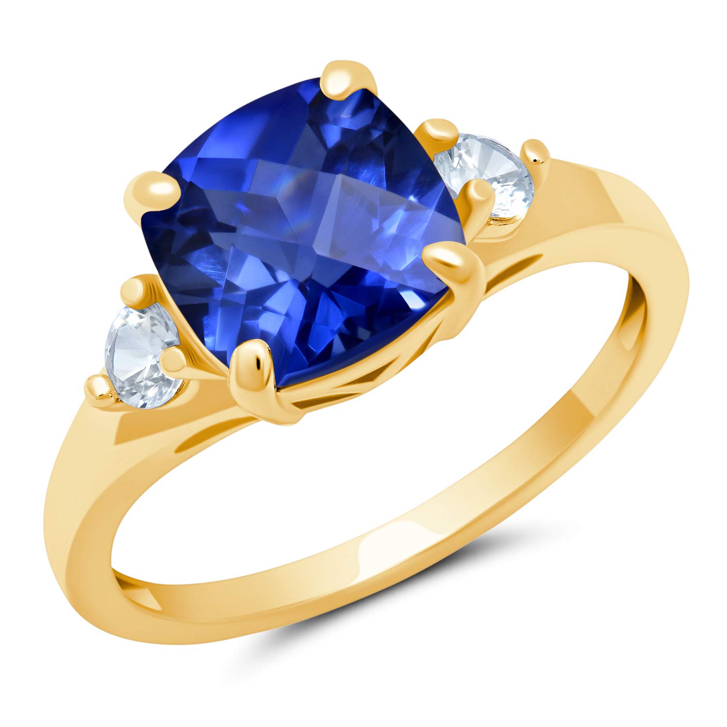 10K White/Yellow Gold Cushion Cut Three Stone Ring for Women with Created White Sapphire Accents - Birthstone Size 5-9 | Elegant Wedding Band, Anniversary Gift & Everyday Jewelry