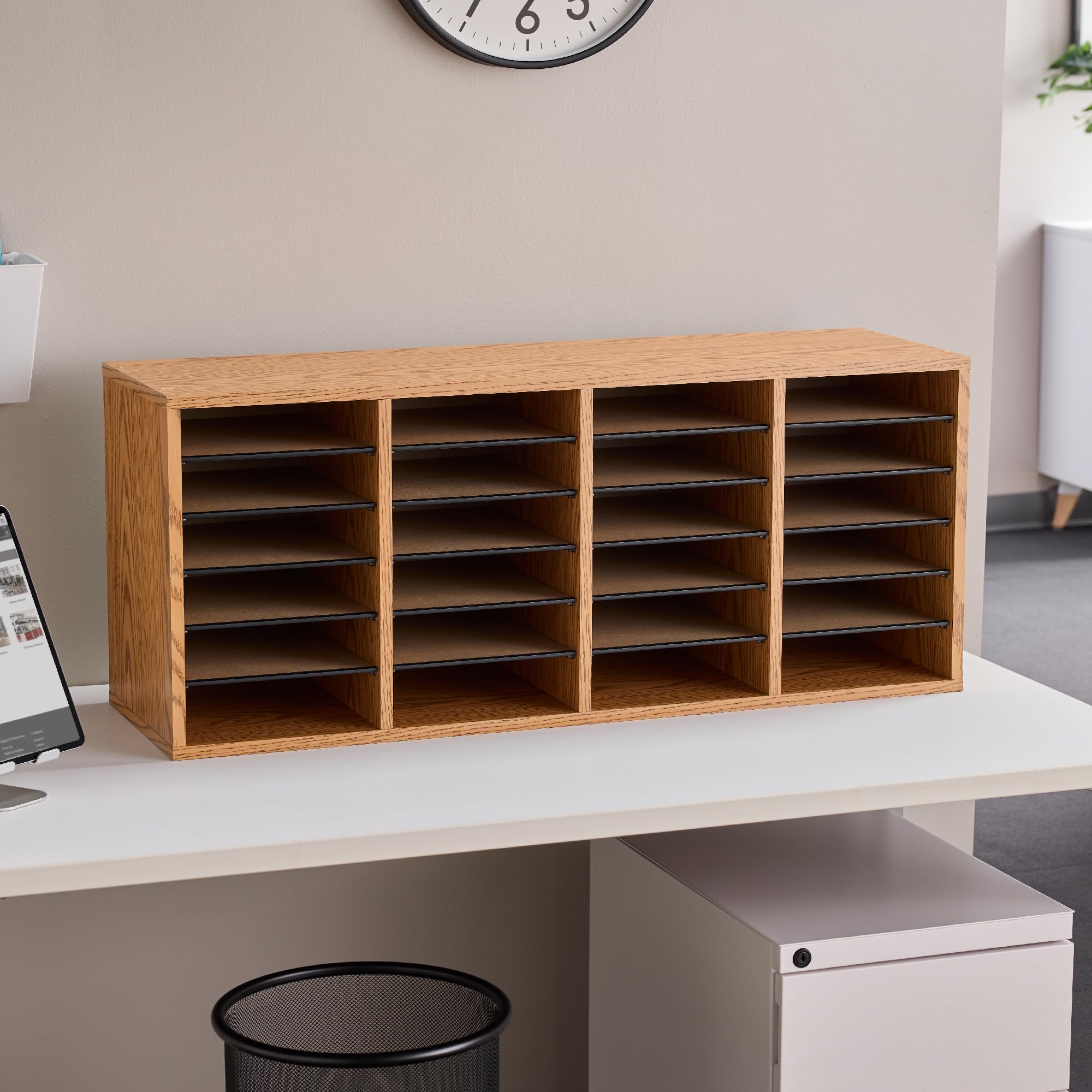 Safco Medium Oak Wooden Paper & Mail Organizer - Adjustable Shelves, Stackable Design, 32 Compartments with Drawers - Perfect for Home Office, Classroom & Workspace Organization