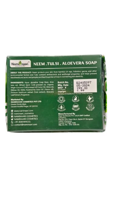 Naminaari Neem Tulsi & Aloe Vera Soap Bar for Face & Body - Natural Purifying Bath Soap with Pure Neem Oil & Herbal Ingredients | Gentle Cleansing for Acne, Oily Skin & Daily Use