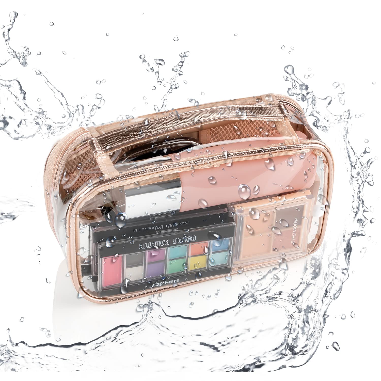 OCHEAL Clear Makeup Bag with Brush Compartment - Portable Travel Cosmetic Organizer for Women & Girls | Waterproof Makeup Pouch for Gym, Vacation & Daily Use (Rose Gold)