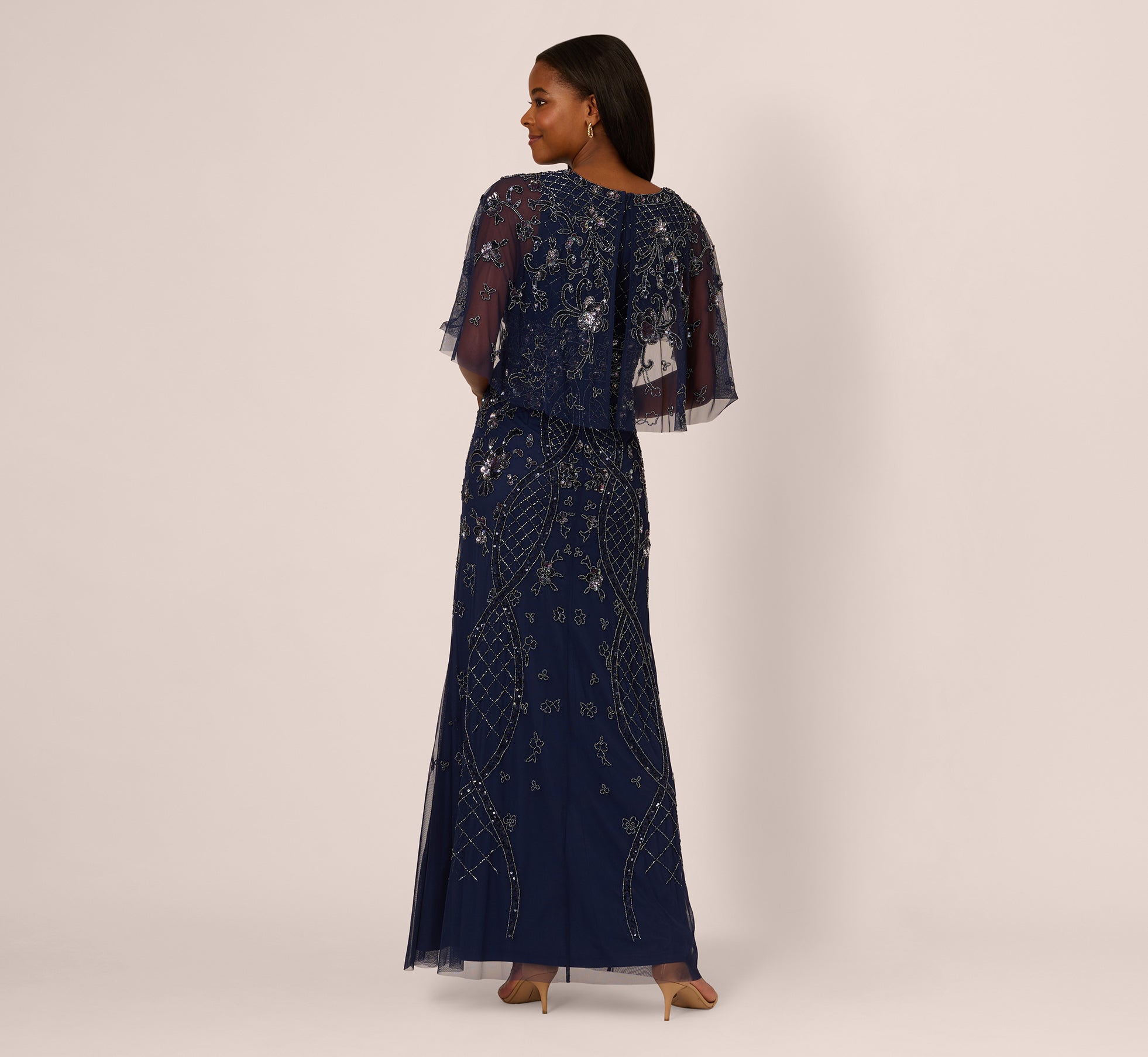 Light Navy Sequin Beaded Evening Gown with Sheer Cape Sleeves - Perfect for Prom, Gala & Formal Events