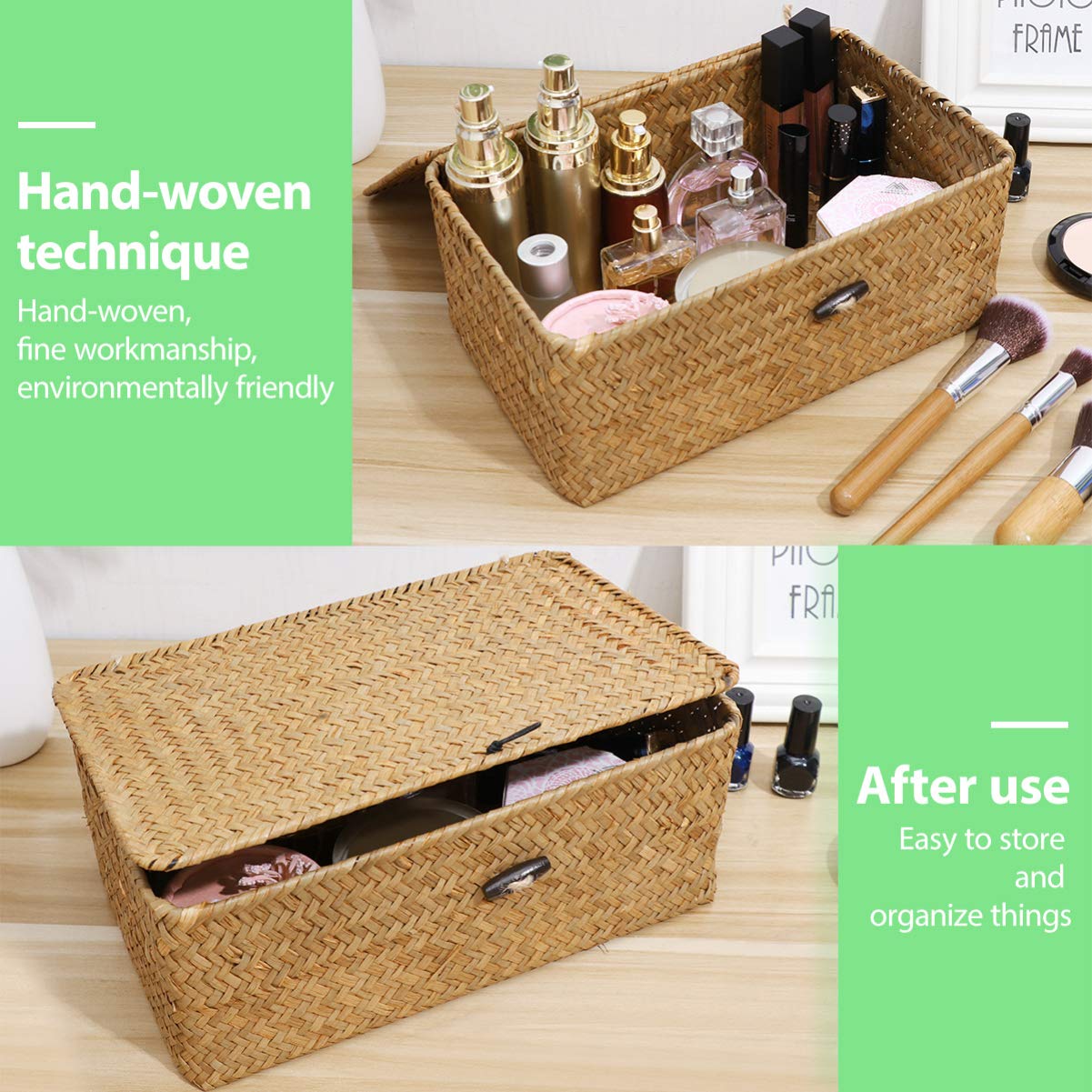 Decorative Small Wicker Baskets with Lid - Rectangular Seagrass Storage Bin for Home, Bathroom & Shelf Organization | Perfect for Bathroom Essentials, Living Room Decor & Closet Storage