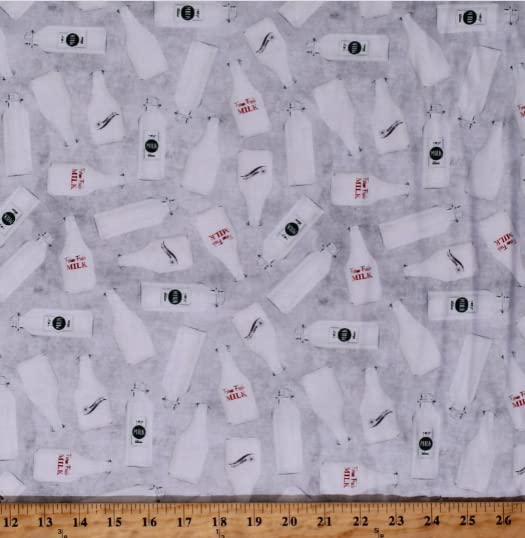 Cotton Fabric by Yard - Farm Fresh Milk Jugs & Bottles Gray Print - LFV01YN - Perfect for Quilting, DIY Crafts, and Home Decor Projects
