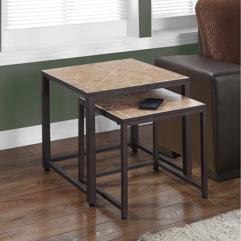 Modern Red Terracotta Tile Top Hammered Brown 2-Piece Nesting Tables - Rectangular Metal Coffee Side Tables for Living Room, Bedroom & Office Decor