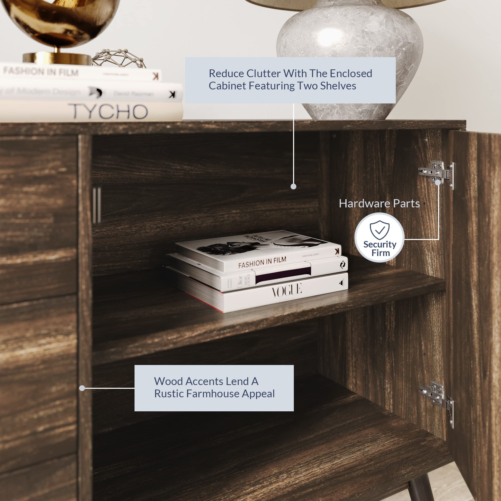 BELLEZE Mid Century Modern 52 Inch Sideboard Buffet Cabinet with Drawers - Dark Walnut TV Stand Entertainment Center for Living Room, Kitchen & Dining Room Storage Solution