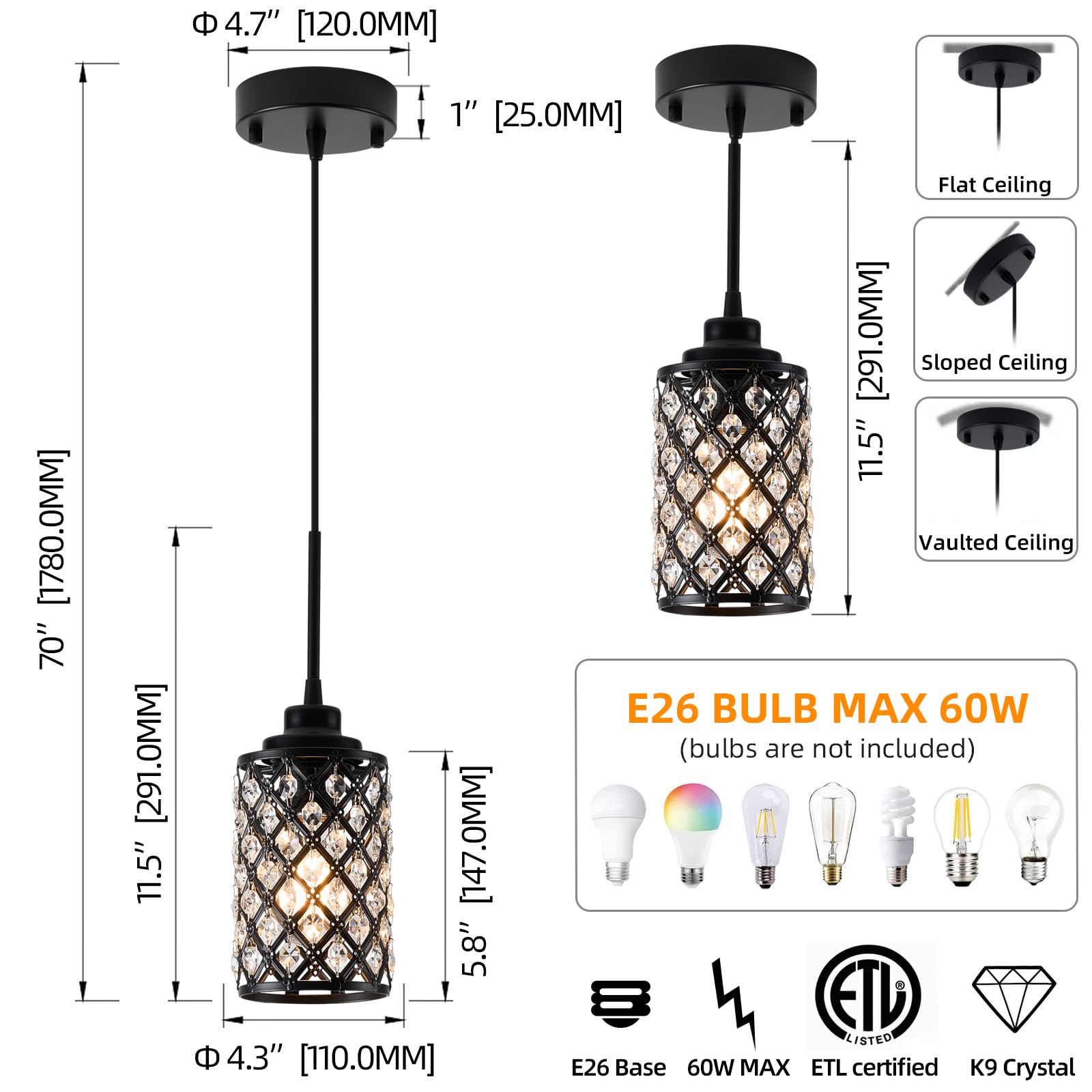 3-Pack Modern Black Matte Pendant Lights - Industrial Hanging Fixtures with K9 Crystal for Kitchen Island, Dining Room, Bedroom & Hallway | Dimmable Mini Chandelier Lighting for Home & Office Decor