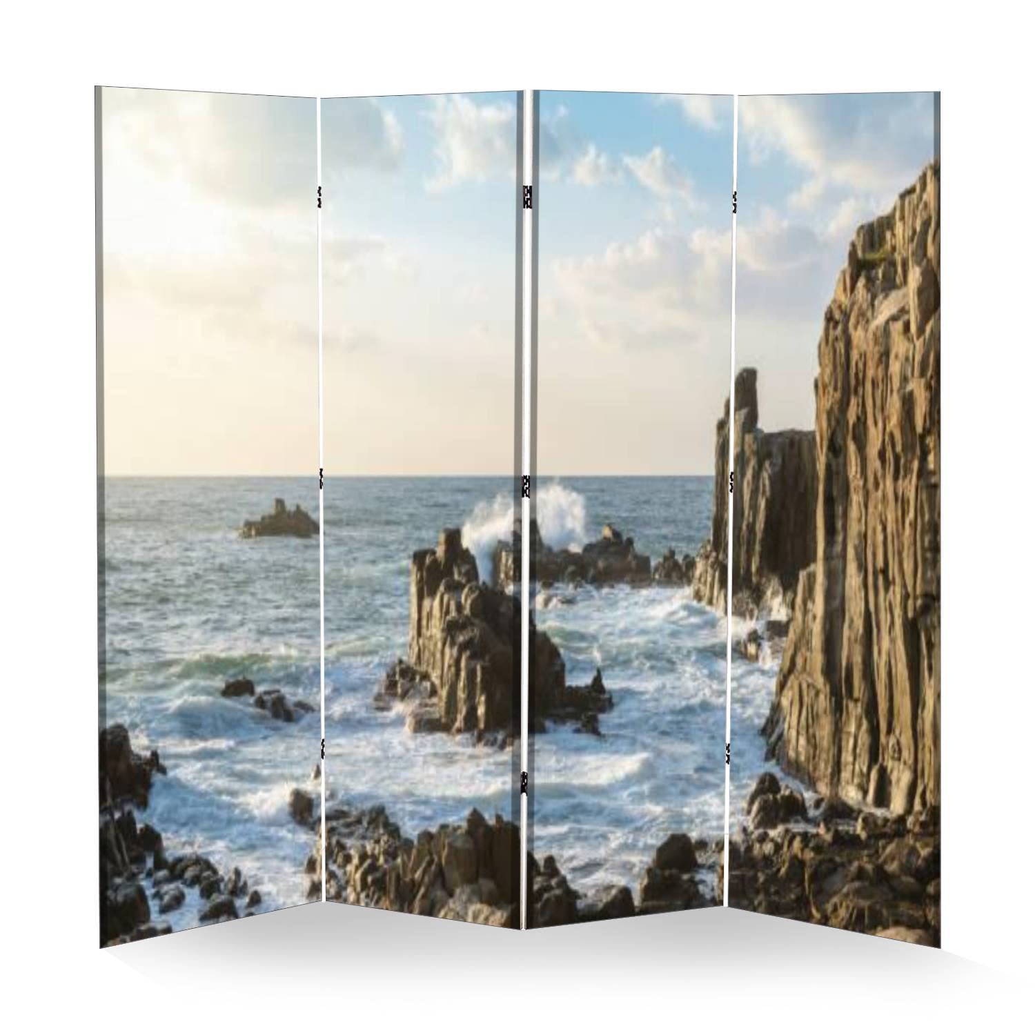 4 Panel Folding Room Divider - Japanese Tojinbo Scenery Design, Freestanding Privacy Screen for Home & Office, Portable Wall Separator for Bedroom, Living Room, Dorm or Studio