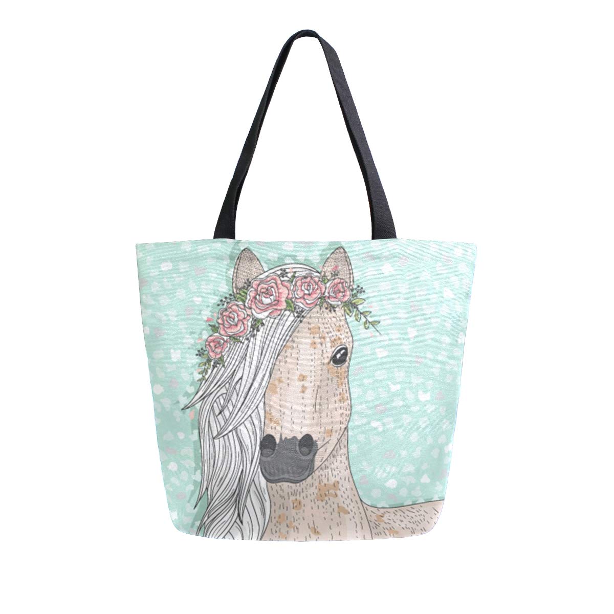 Floral Horse Canvas Tote Bag for Women - Large Reusable Cotton Shoulder Bag with Unicorn Print - Heavy Duty Grocery Shopping Bag for Outdoor, Beach, Work & Daily Use