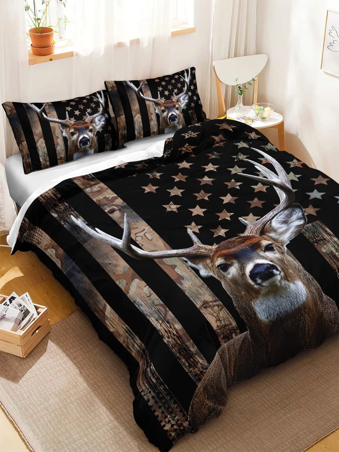 HOSIMA Deer Hunting Bedding Set - Camouflage Duvet Cover with American Flag Design & 2 Pillowcases - Hunter Themed Bedroom Decor for Adults and Teen Boys - Perfect for Hunting Cabins, Lodge Rooms, and Outdoor Enthusiast Bedrooms