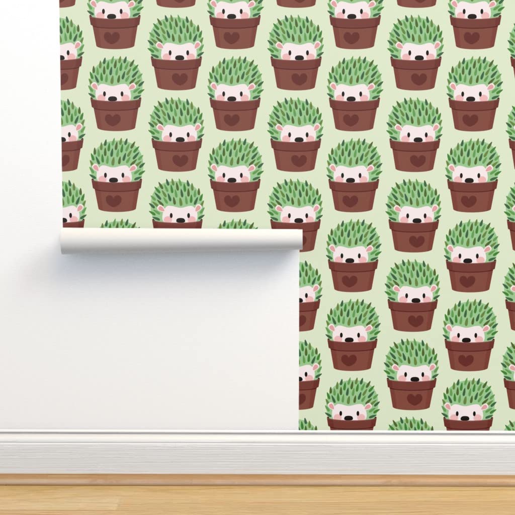 Peel & Stick Wallpaper 9ft x 2ft - Hedgehog, Cactus, Succulents, Flower Pots, Animals, Green, Custom Removable Wallpaper by Spoonflower | Perfect for Nursery, Bedroom, Office & Home Decor