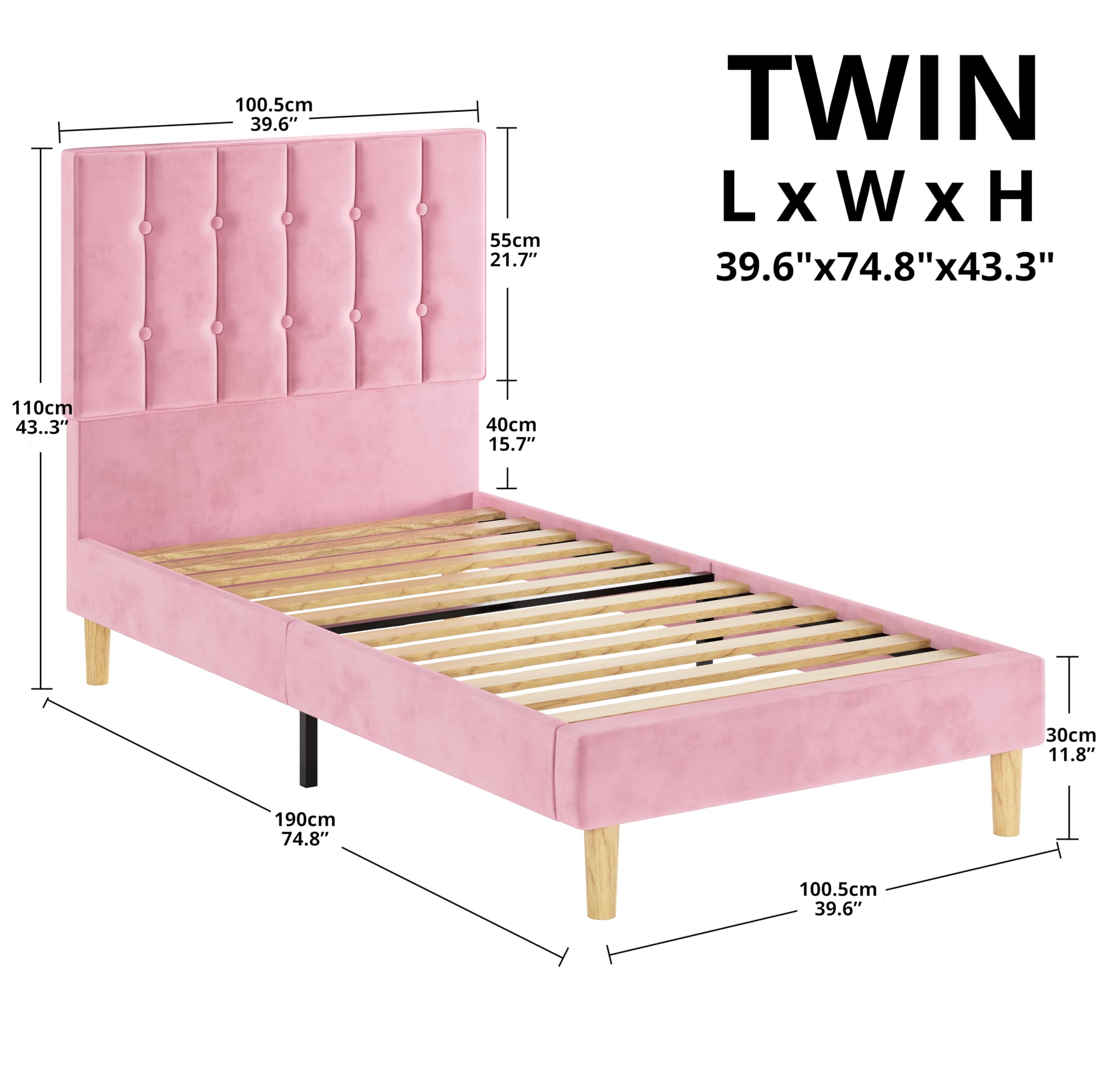 LIKIMIO Twin Bed Frame with Headboard - Velvet Upholstered Platform Bed with Wooden Slats | No Box Spring Needed | Noise-Free | Easy Assembly | Pink | Perfect for Small Bedrooms, Guest Rooms & Kids Rooms