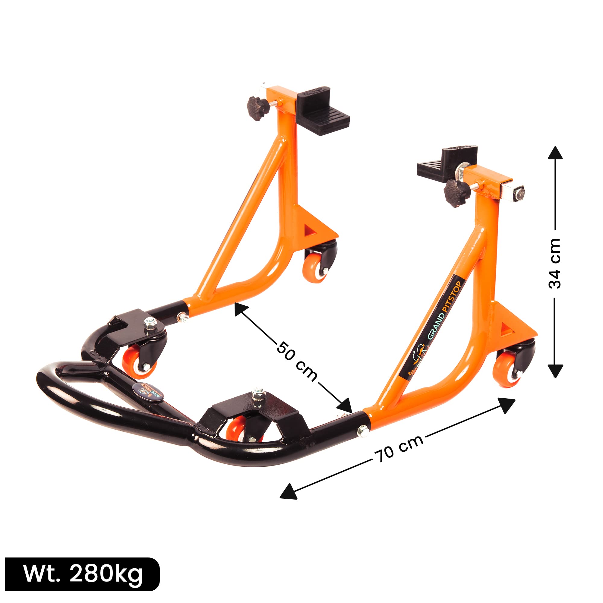 Universal Adjustable Motorcycle Rear Paddock Stand with Swingarm Rest - 360° Rotatable, Supports Up to 500 lbs (226 kg) - Black & Orange - Perfect for Bike Maintenance, Storage & Transport