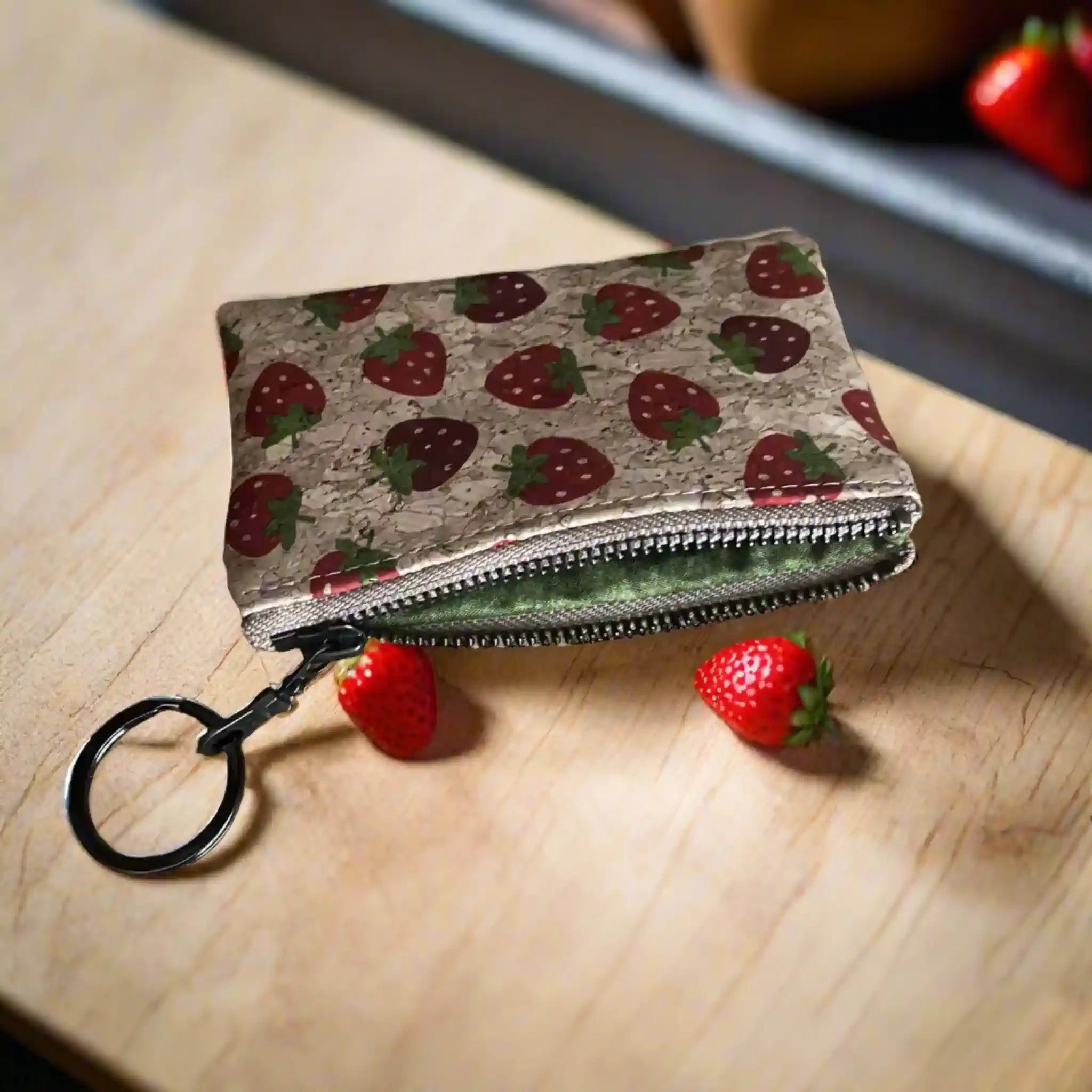 Zippered Coin Key Pouch Wallet - Cork Strawberries & Antique Design for Women | Perfect for Organizing Coins, Keys, and Small Essentials | Ideal for Travel, Shopping, and Everyday Use