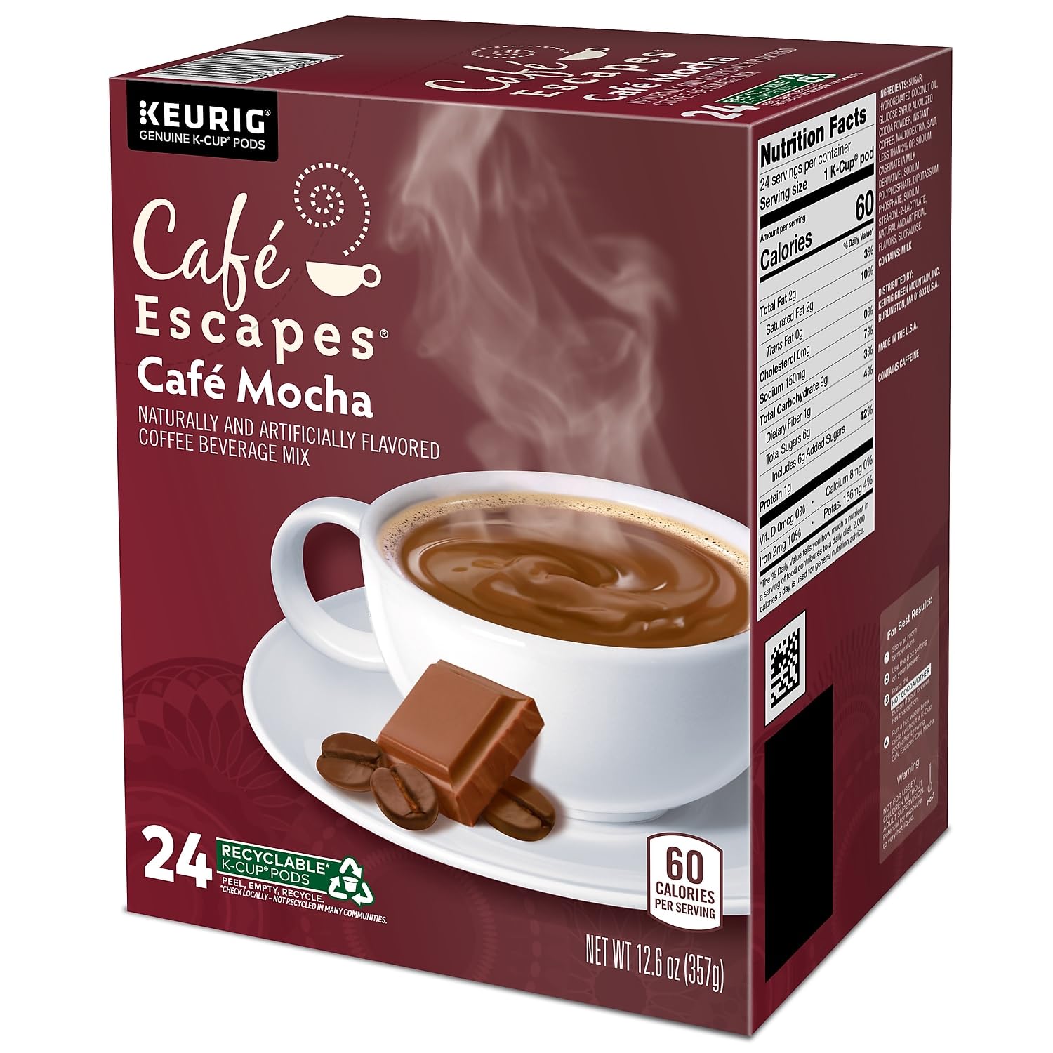 Cafe Escapes 6803 Mocha K-Cups - 24 Count Box | Premium Single-Serve Coffee Pods for Keurig Brewers | Perfect for Office, Home & Morning Coffee Breaks