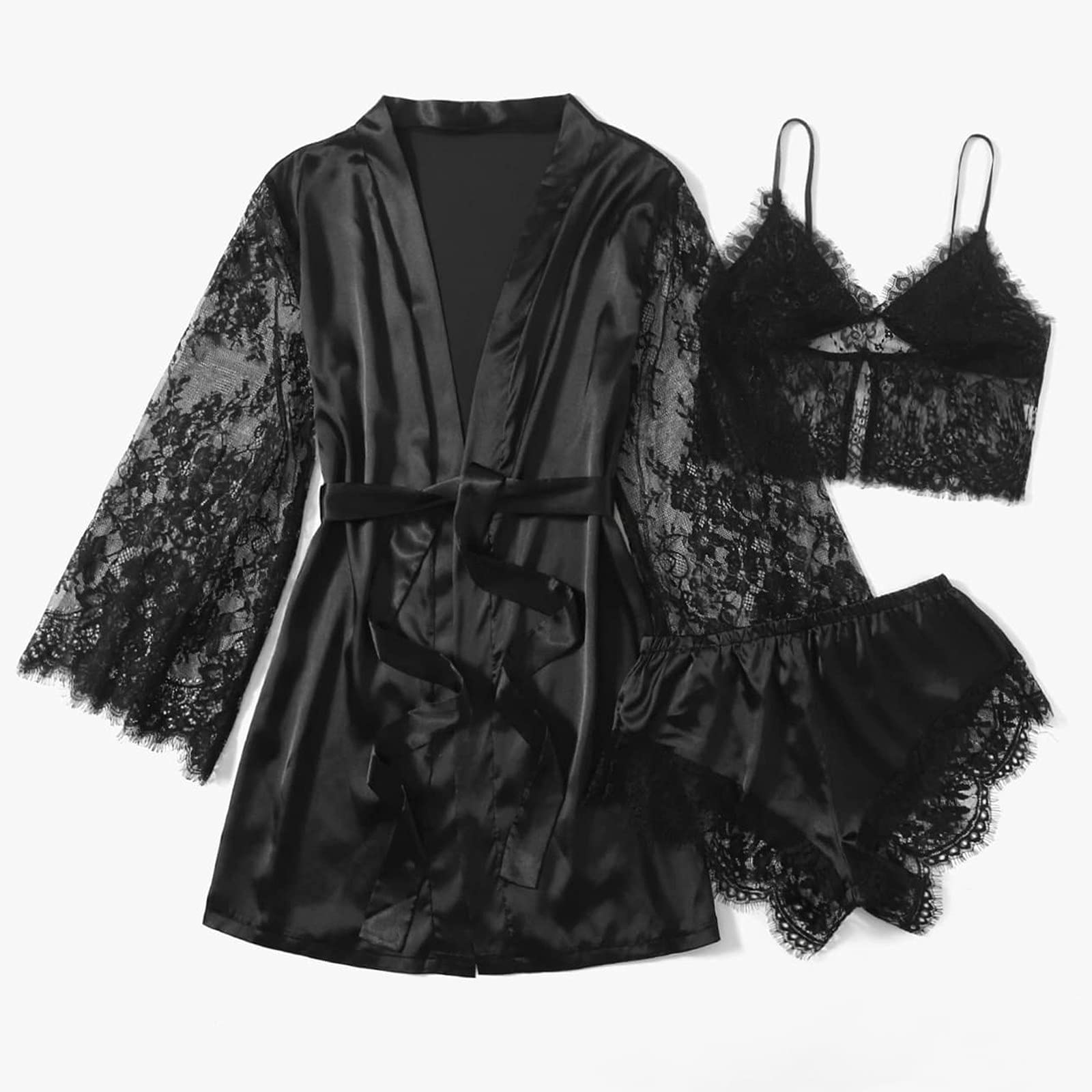 Women's Satin Lingerie Set - Sexy Role Play Nightwear, Pajamas & Sleepwear for Women (Black, XXL) | Perfect for Valentine's Day, Boudoir Photography & Romantic Nights