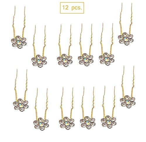 Diversa Crystal Flower Hair Bun Pins Set of 12 - Elegant Bridal Hair Accessories for Women & Girls | Wedding, Prom, Party, Special Occasion Updos