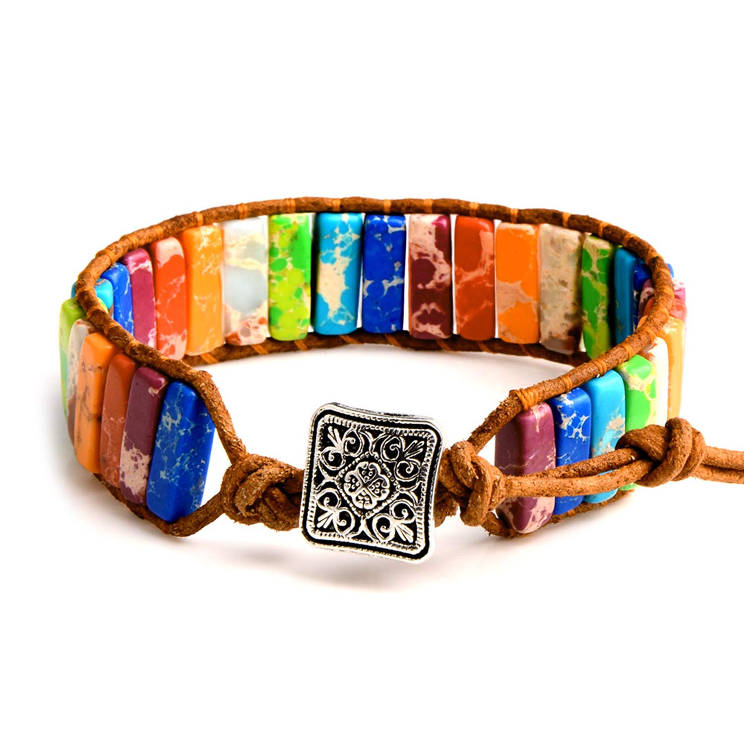Natural Stone Handmade Multi-Color Chakra Bracelet for Women & Men - Bohemian Imperial Jasper Wrap Bracelet for Meditation, Yoga & Spiritual Healing