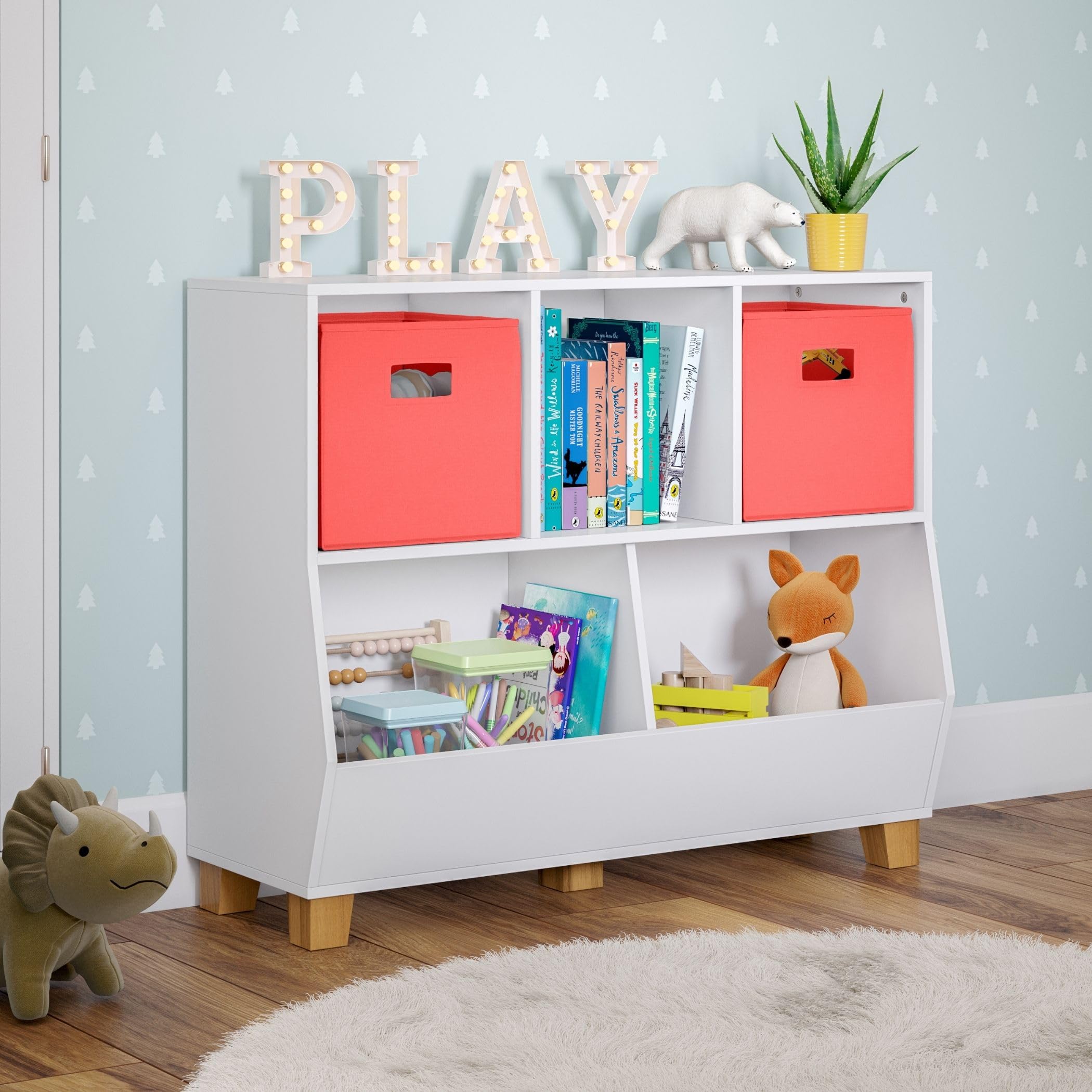RiverRidge 35-Inch Wide Kids Toy Storage Organizer with 3 Cubbies & 2 Fabric Bins - White & Coral Toy Box for Bedroom, Playroom & Nursery Organization - Perfect for Storing Toys, Books & Kids Room Decor