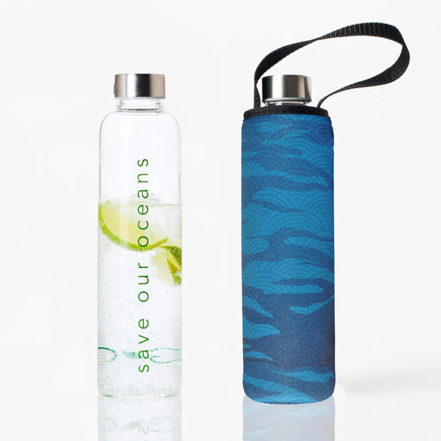BBBYO 750ml Glass Water Bottle with Lid - Sea Print Design, BPA-Free, Leak-Proof, Reusable for Home, Office, Gym & Outdoor Activities