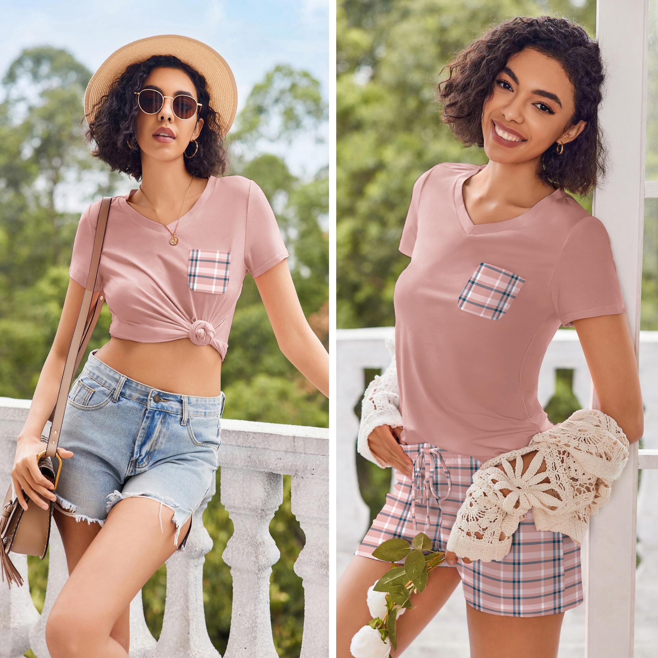 Ekouaer Women's Pajama Sets - Soft Short Sleeve Sleepwear with V-Neck, Comfortable Lounge PJS for Women | Perfect for Sleeping, Lounging & Relaxing at Home