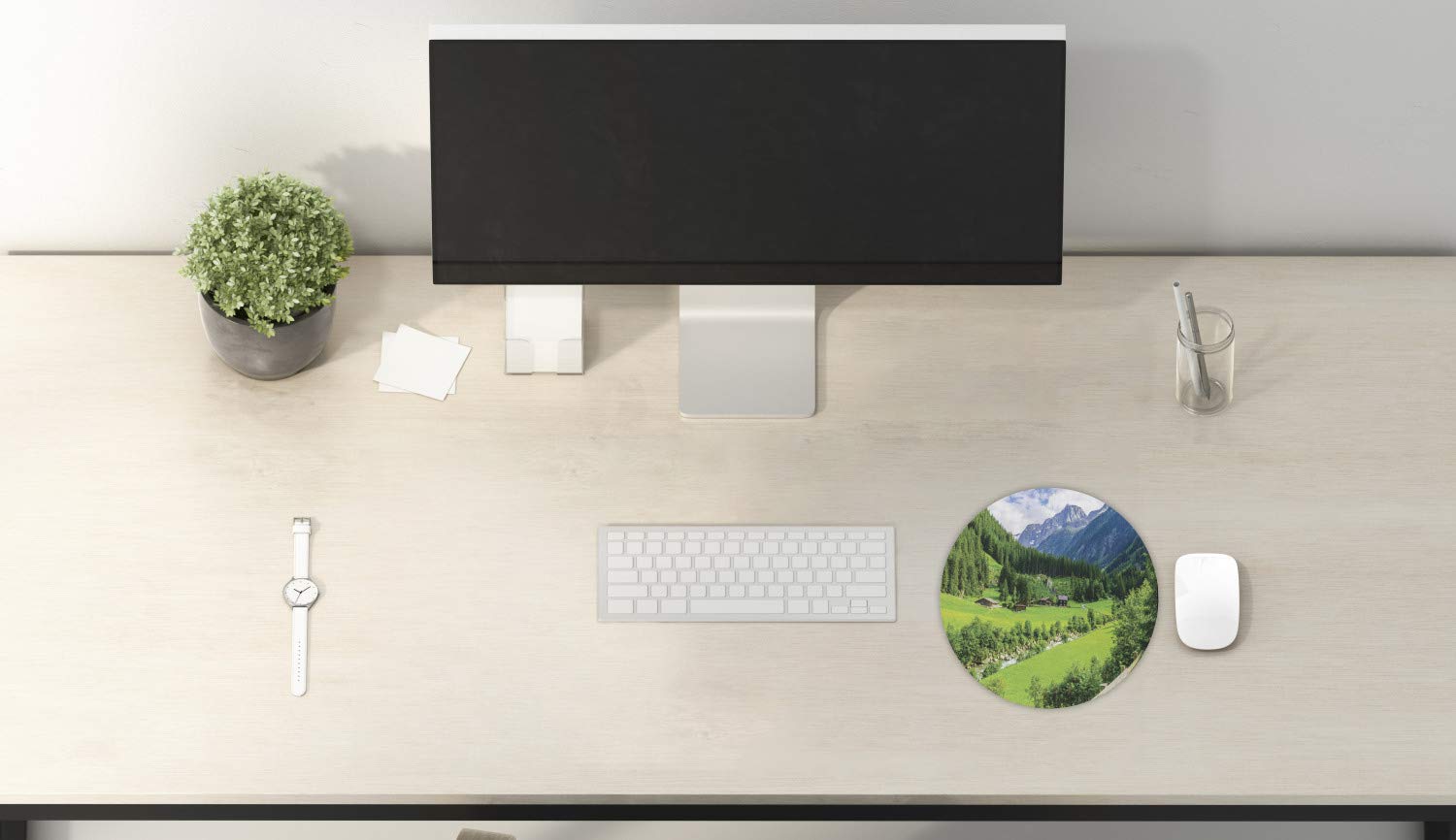 Ambesonne Round Non-Slip Gaming Mouse Pad - 8 Inch Thick Rubber Base with Alpine Landscape Design (Green & White) | Perfect for Computers, Office Work & Gaming Setups