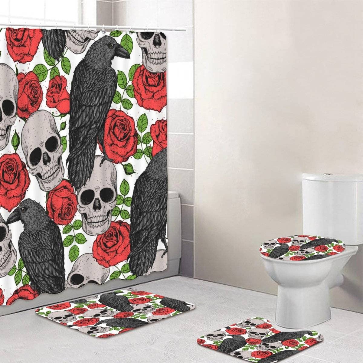 Gothic Skull Shower Curtain Set - 3D Printed Crow & Rose Design with 12 Hooks, Non-Slip Bath Mat, Toilet Cover & Soft Rug - 4 Piece Polyester Bathroom Decor for Halloween, Gothic & Horror Theme Rooms