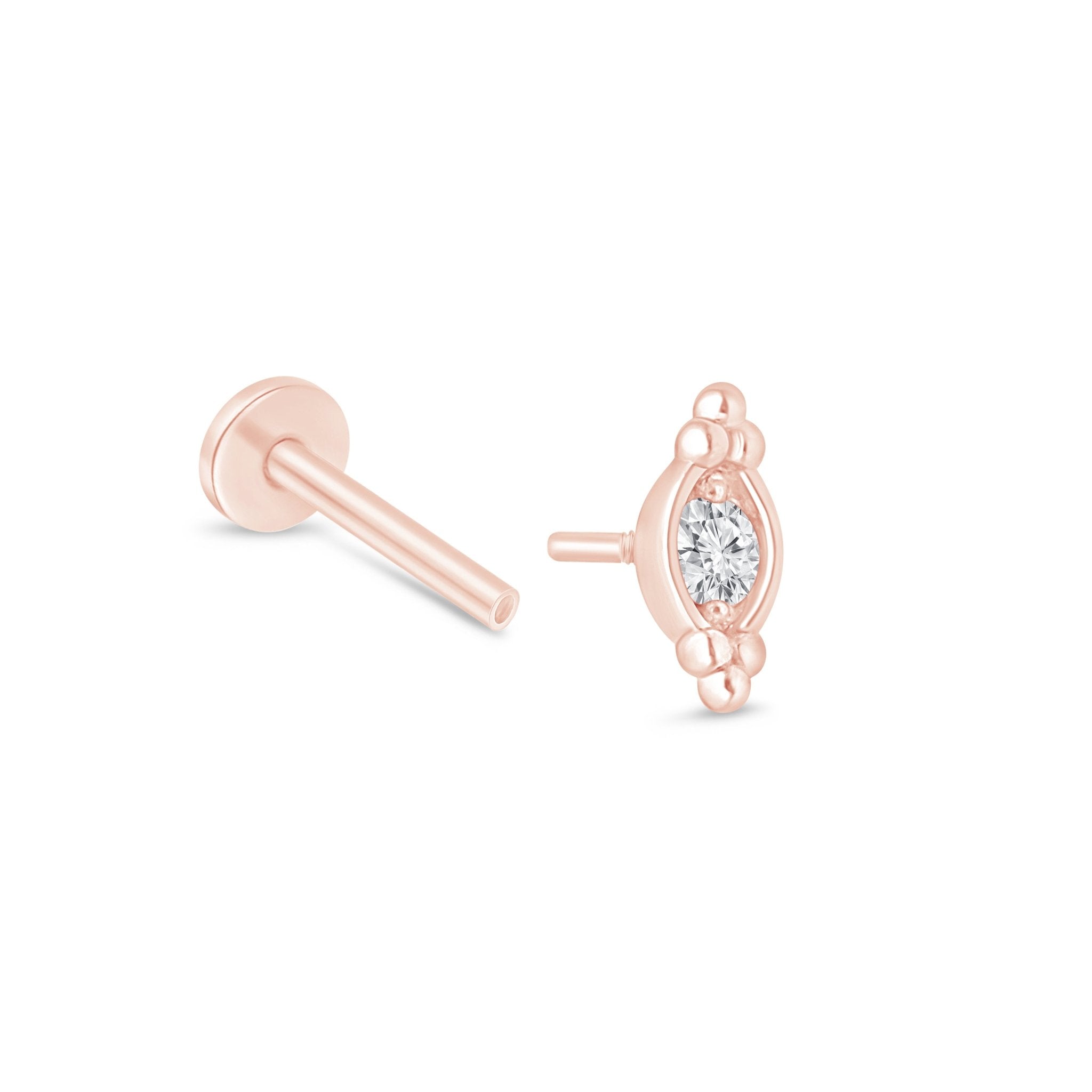 14K Rose Gold Beaded Marquise Diamond Evil Eye Flat Back Stud Earrings for Women - Perfect for Everyday Wear, Protection Jewelry & Gift Giving