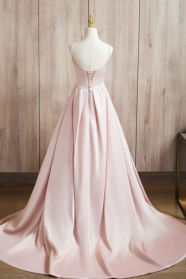 Elegant A-Line Satin Long Pink Prom Dress with Spaghetti Straps - Formal Evening Gown J4414 for Homecoming, Wedding Guest & Special Occasions