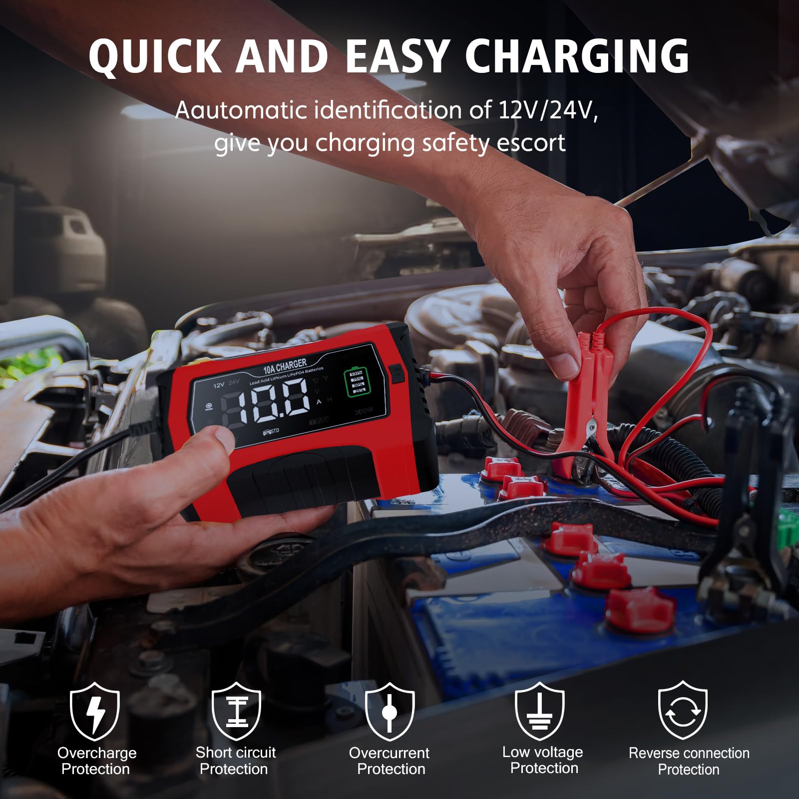 10-Amp 12V/24V Smart Car Battery Charger & Maintainer - Trickle Charger for Automotive, SUV, Motorcycle, Boat - Compatible with Lead-Acid, Lithium & LiFePO4 Batteries - Perfect for Winter Storage & Long-Term Vehicle Maintenance